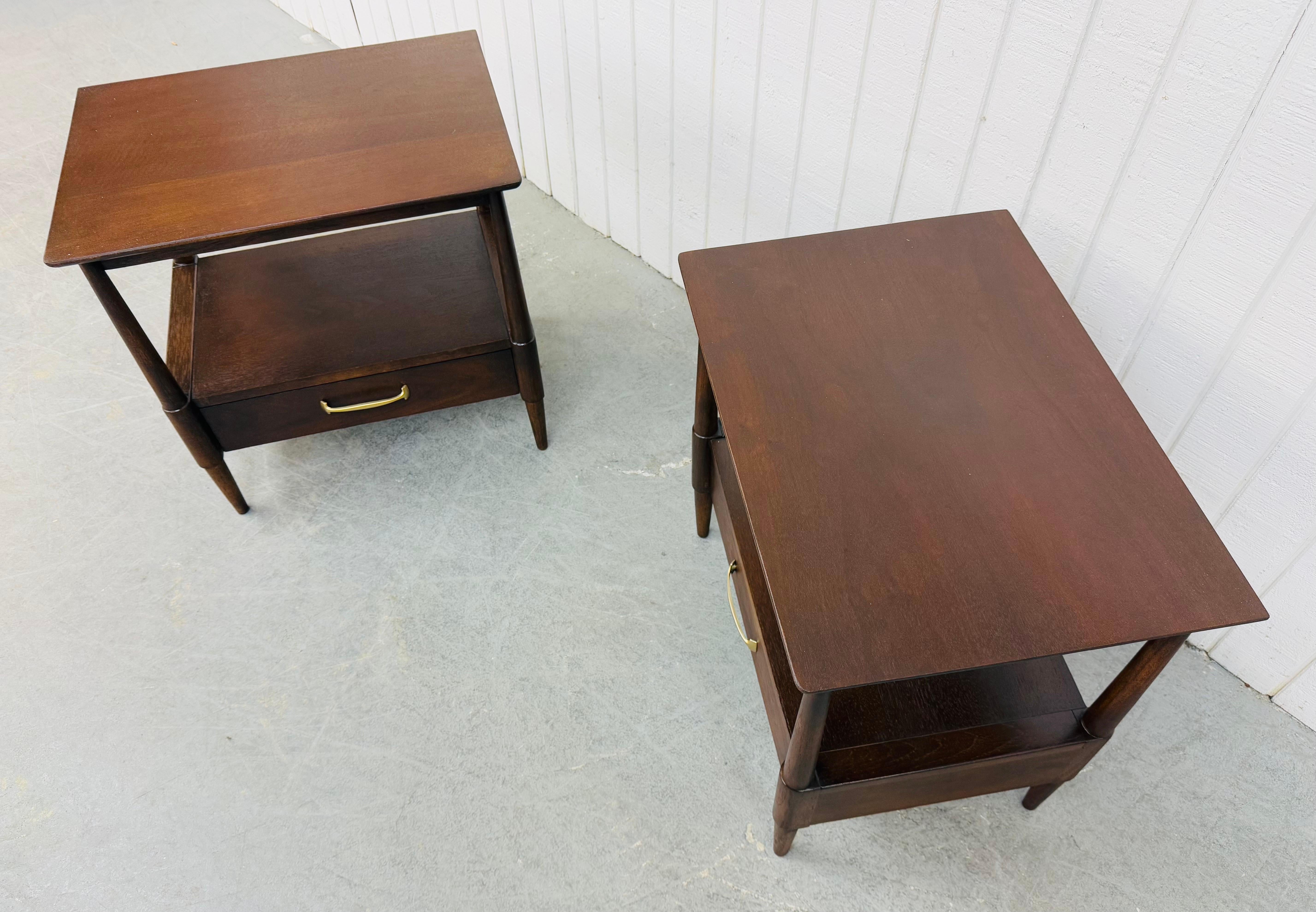 Brass Mid-Century Modern Drexel Walnut Nightstands - Set of 2 For Sale