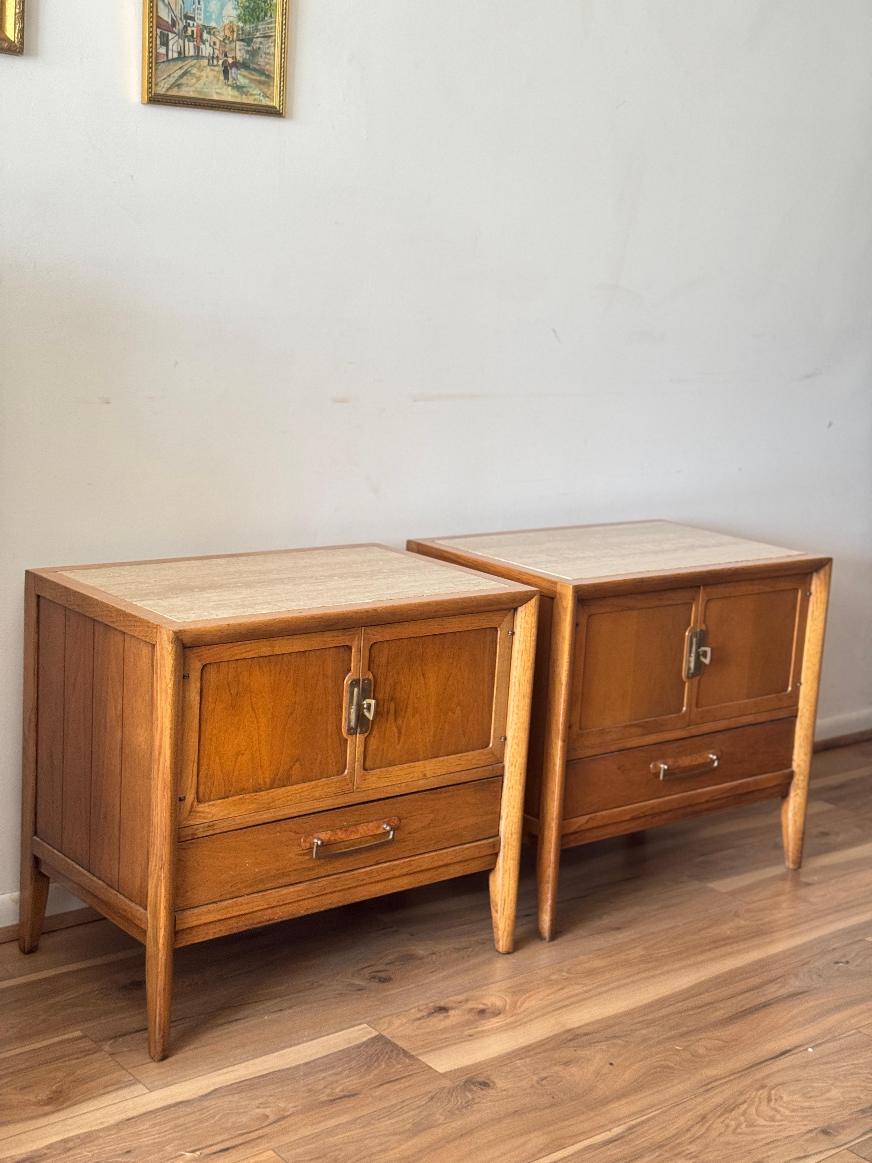 Mid-Century Modern Drexel Walnut Nightstands With Travertine Tops 9