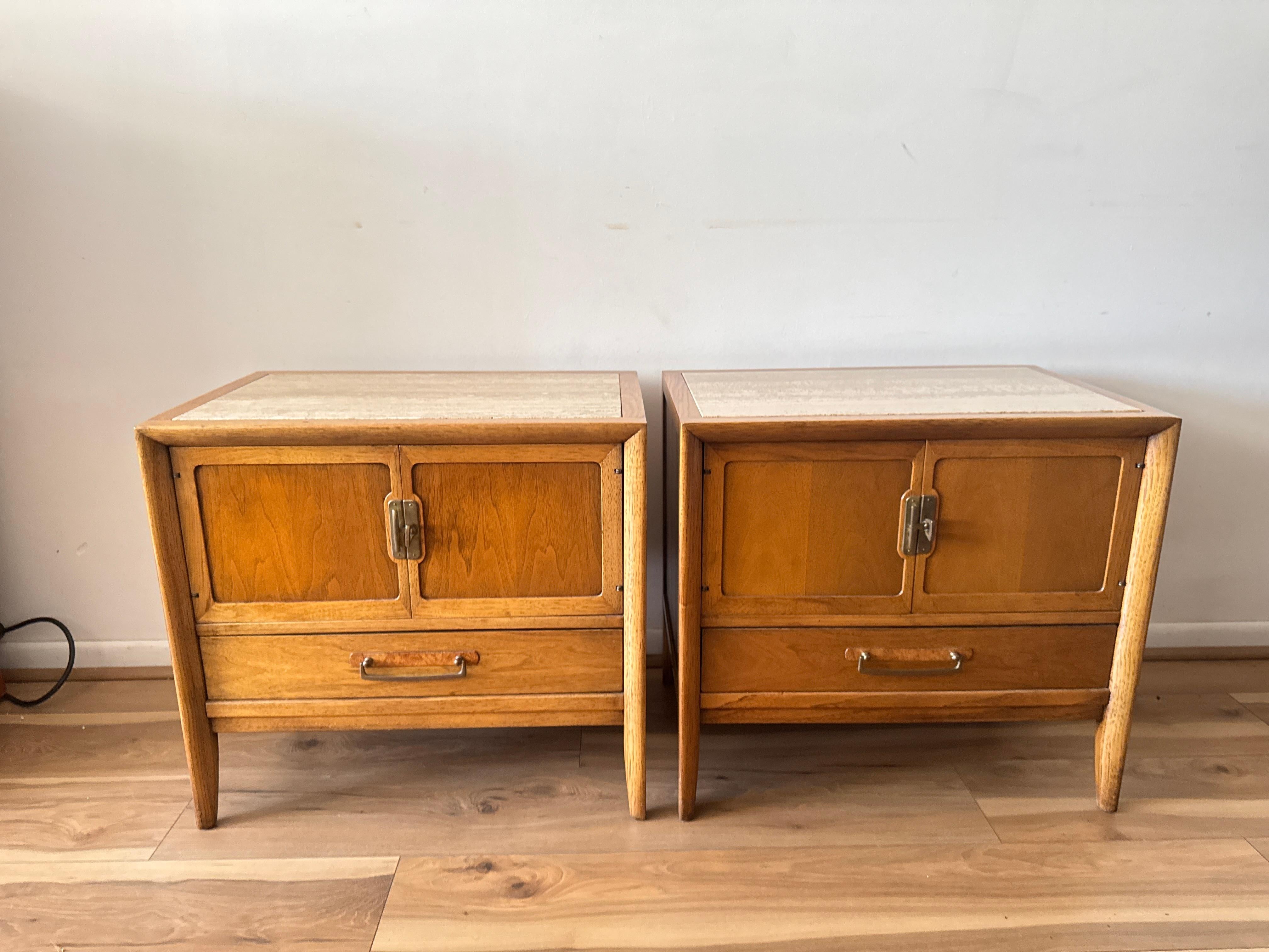 American Mid-Century Modern Drexel Walnut Nightstands With Travertine Tops