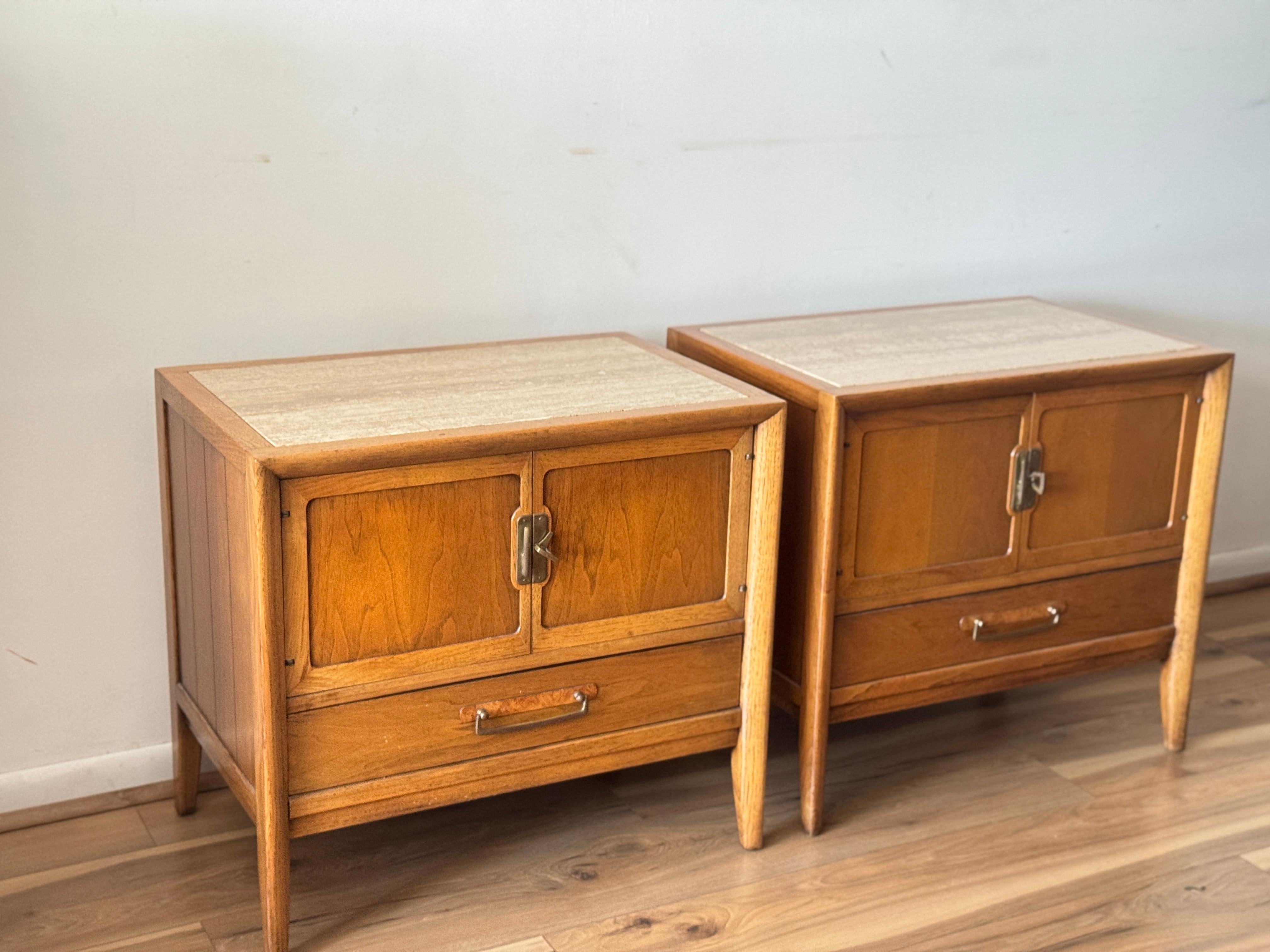20th Century Mid-Century Modern Drexel Walnut Nightstands With Travertine Tops