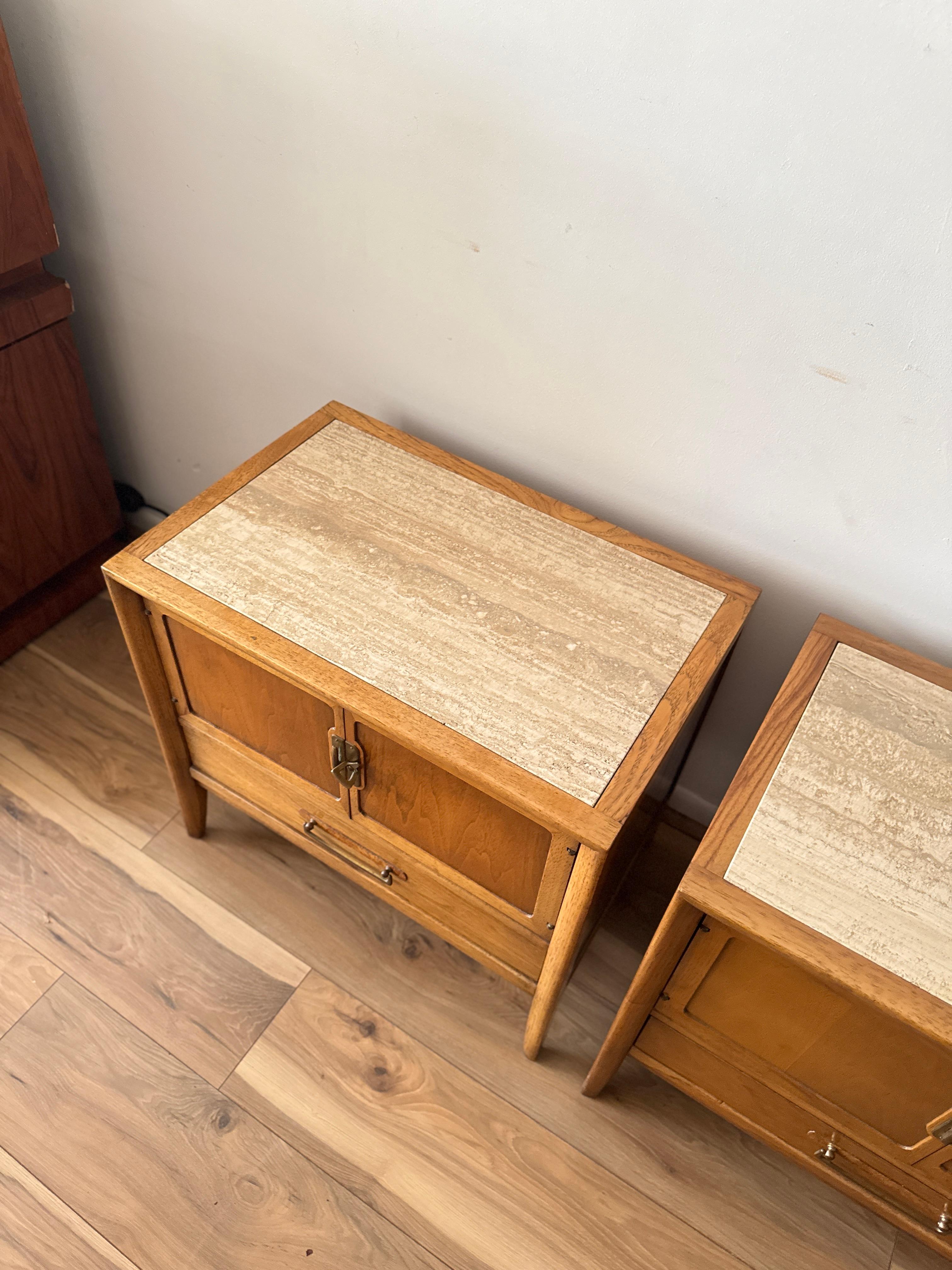 Brass Mid-Century Modern Drexel Walnut Nightstands With Travertine Tops