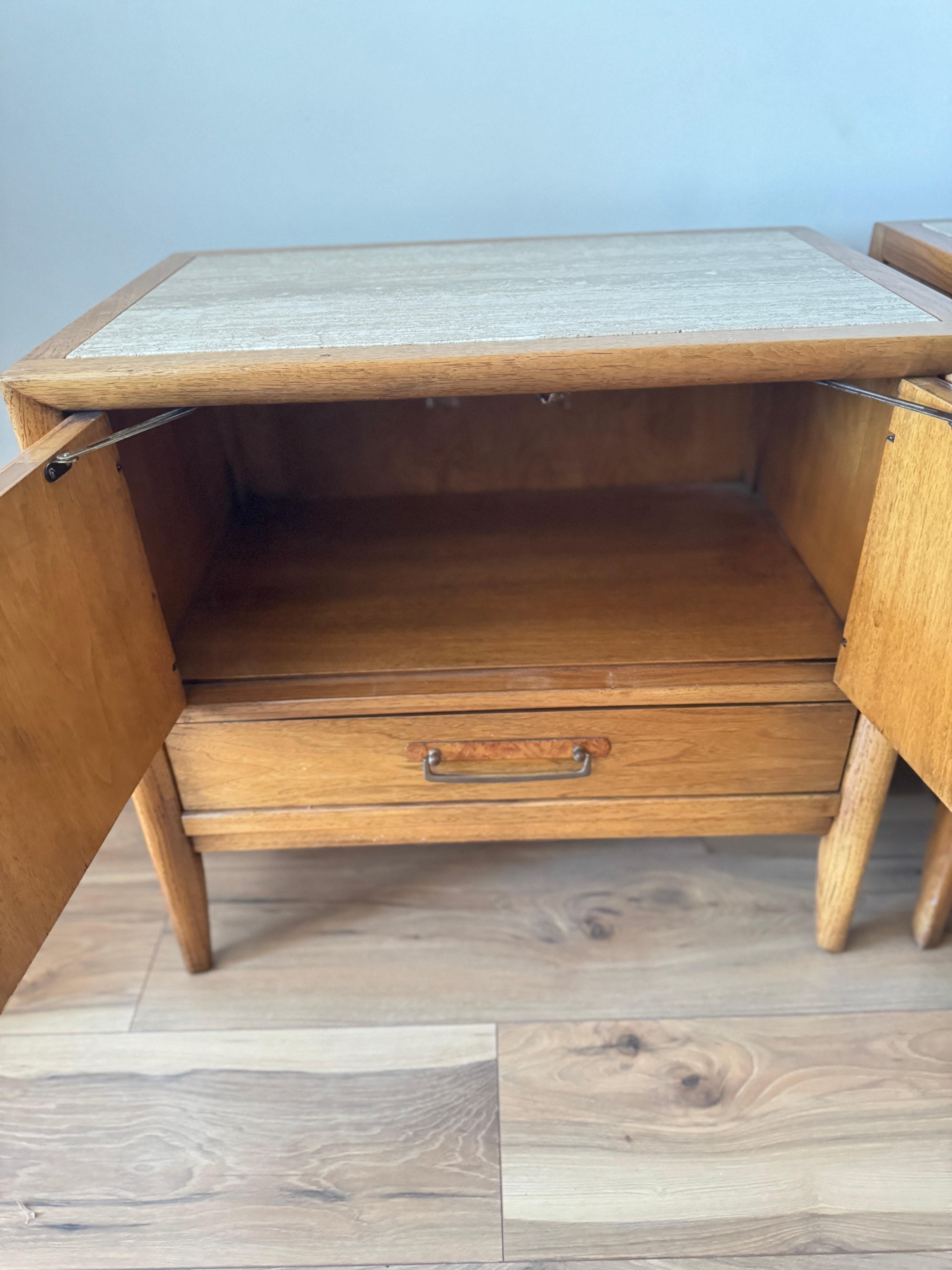 Mid-Century Modern Drexel Walnut Nightstands With Travertine Tops 1