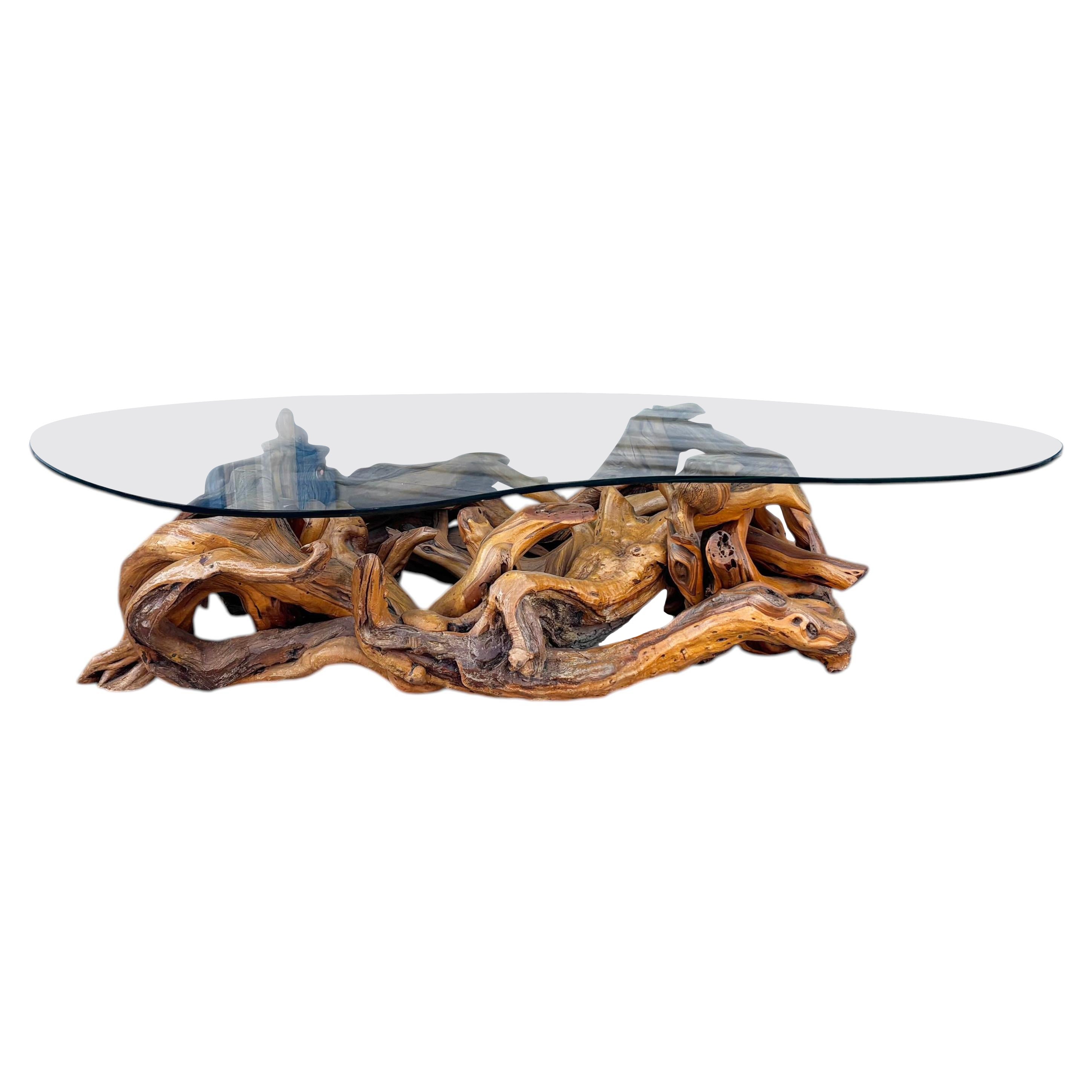Mid-Century Modern Driftwood Coffee Table with Freeform Glass Top, 1970s
