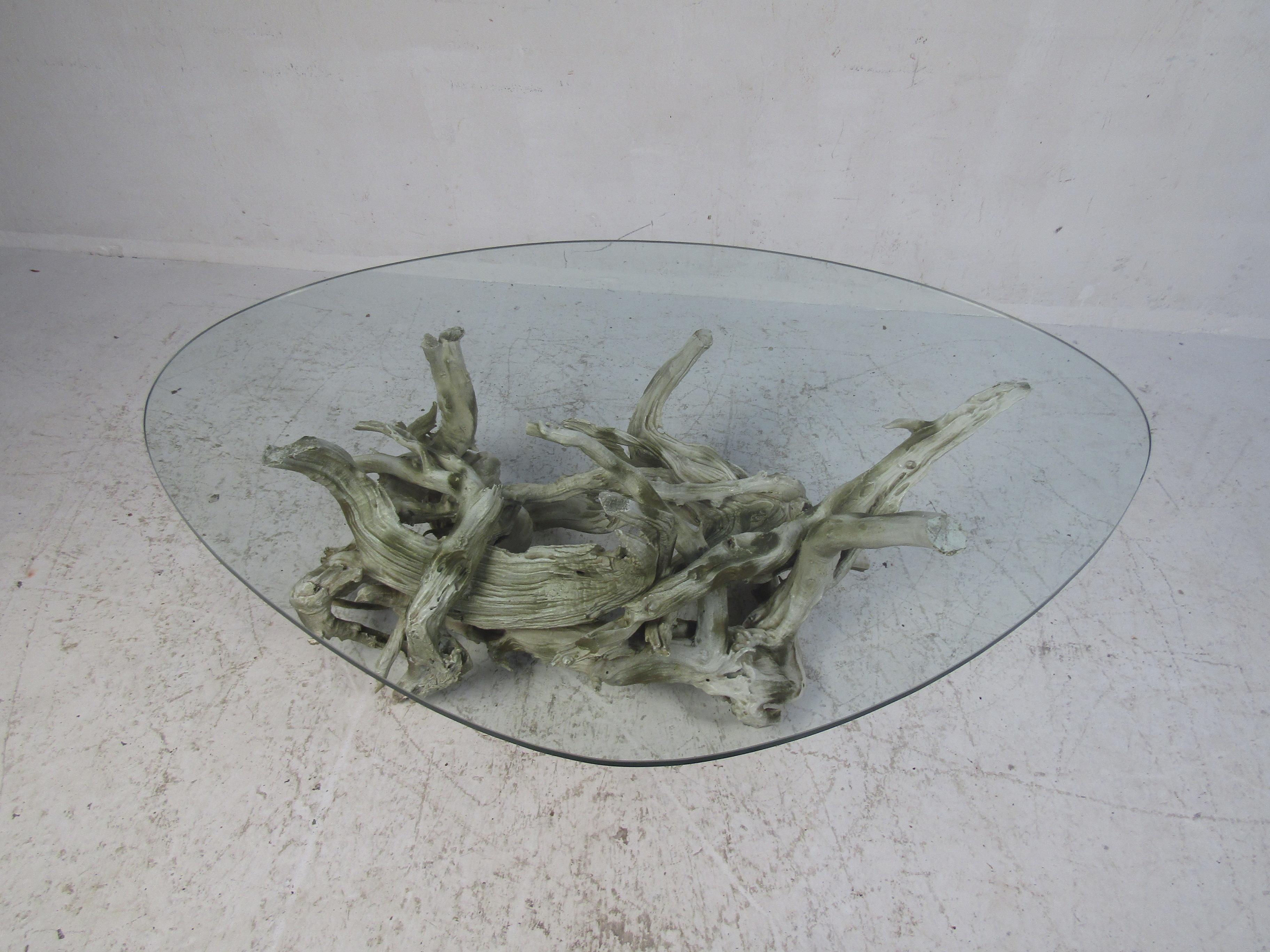 Late 20th Century Mid-Century Modern Driftwood Coffee Table with Glass Top