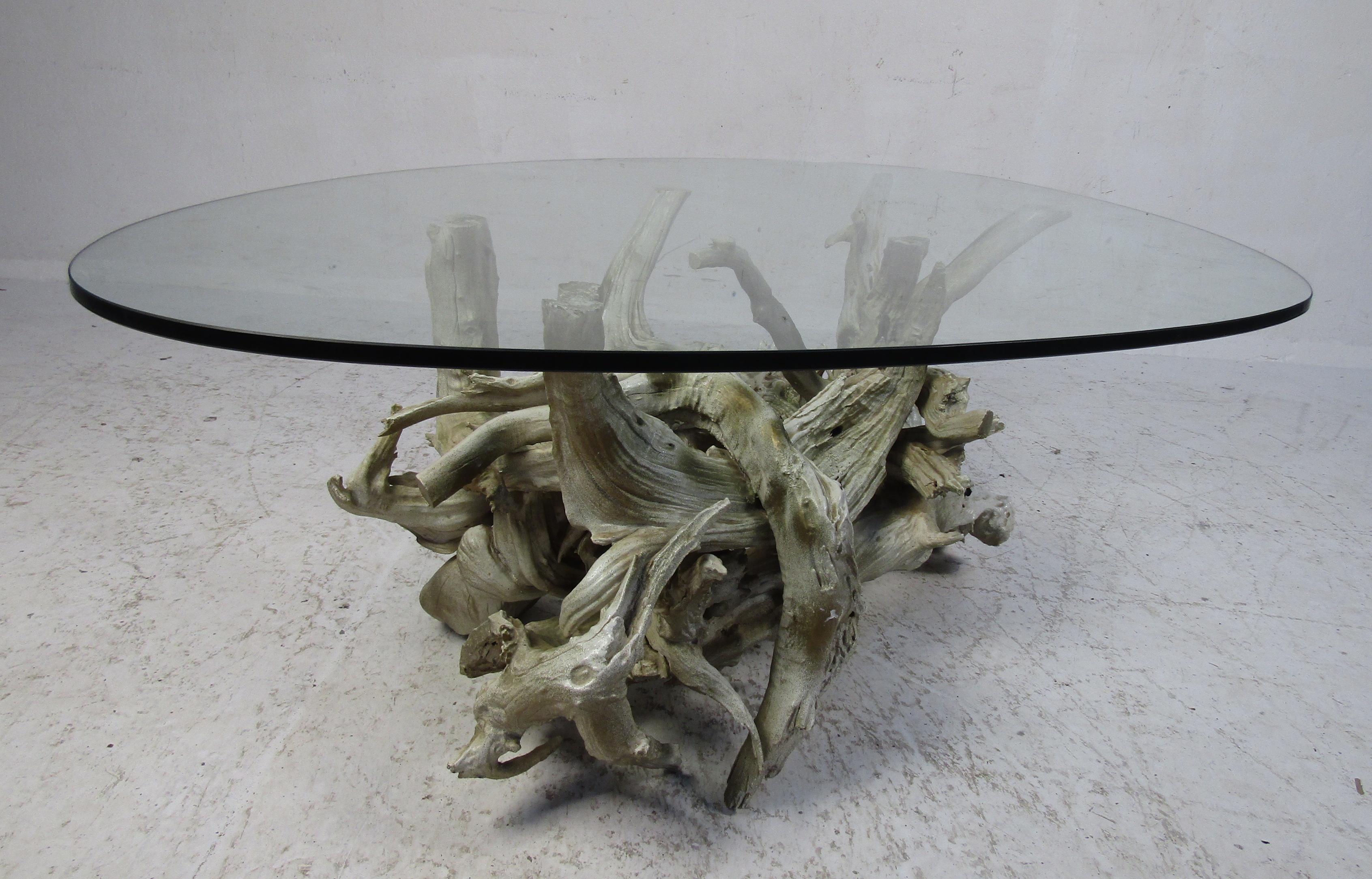 Mid-Century Modern Driftwood Coffee Table with Glass Top 1