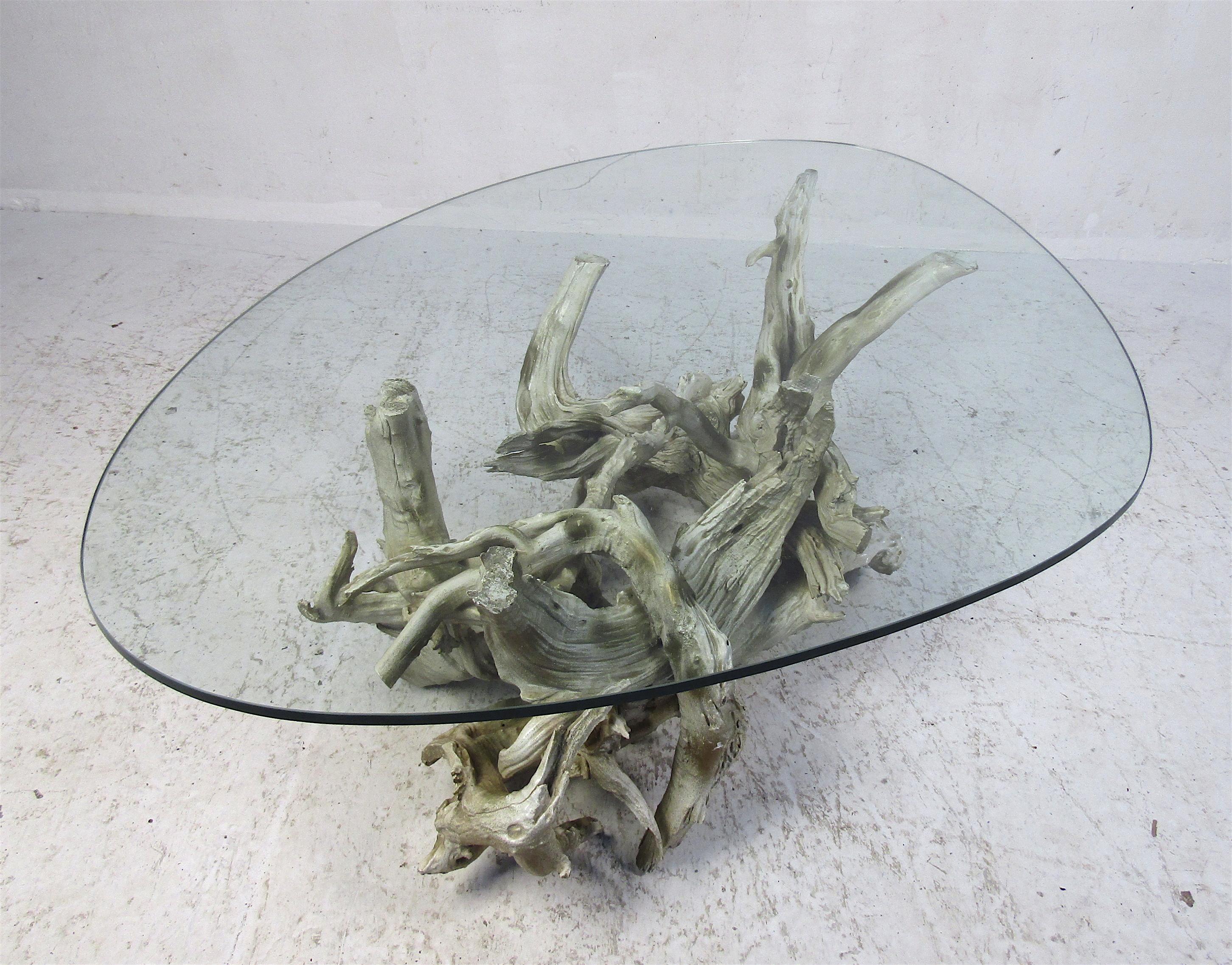 Mid-Century Modern Driftwood Coffee Table with Glass Top 2