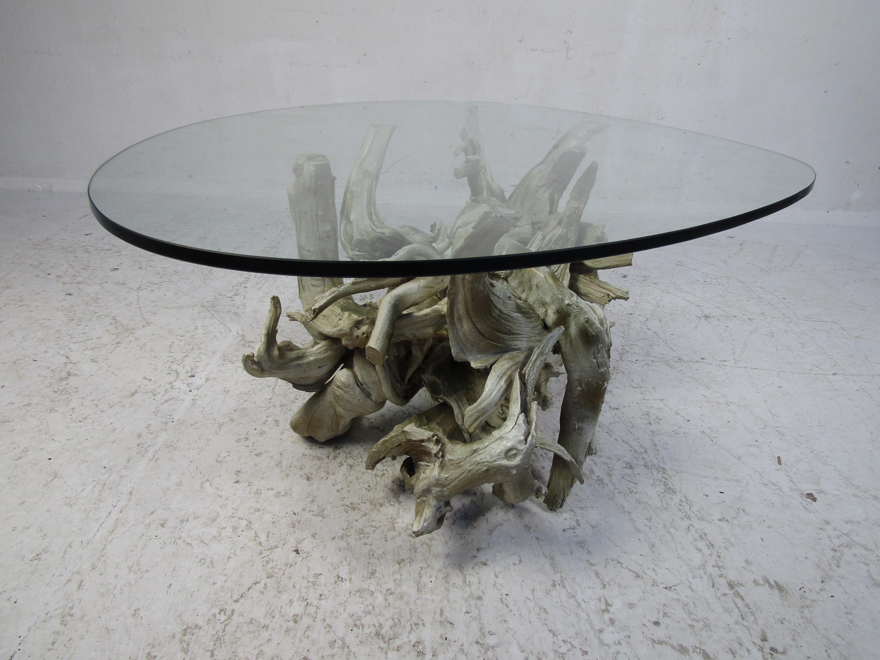 Mid-Century Modern Driftwood Coffee Table with Glass Top 3