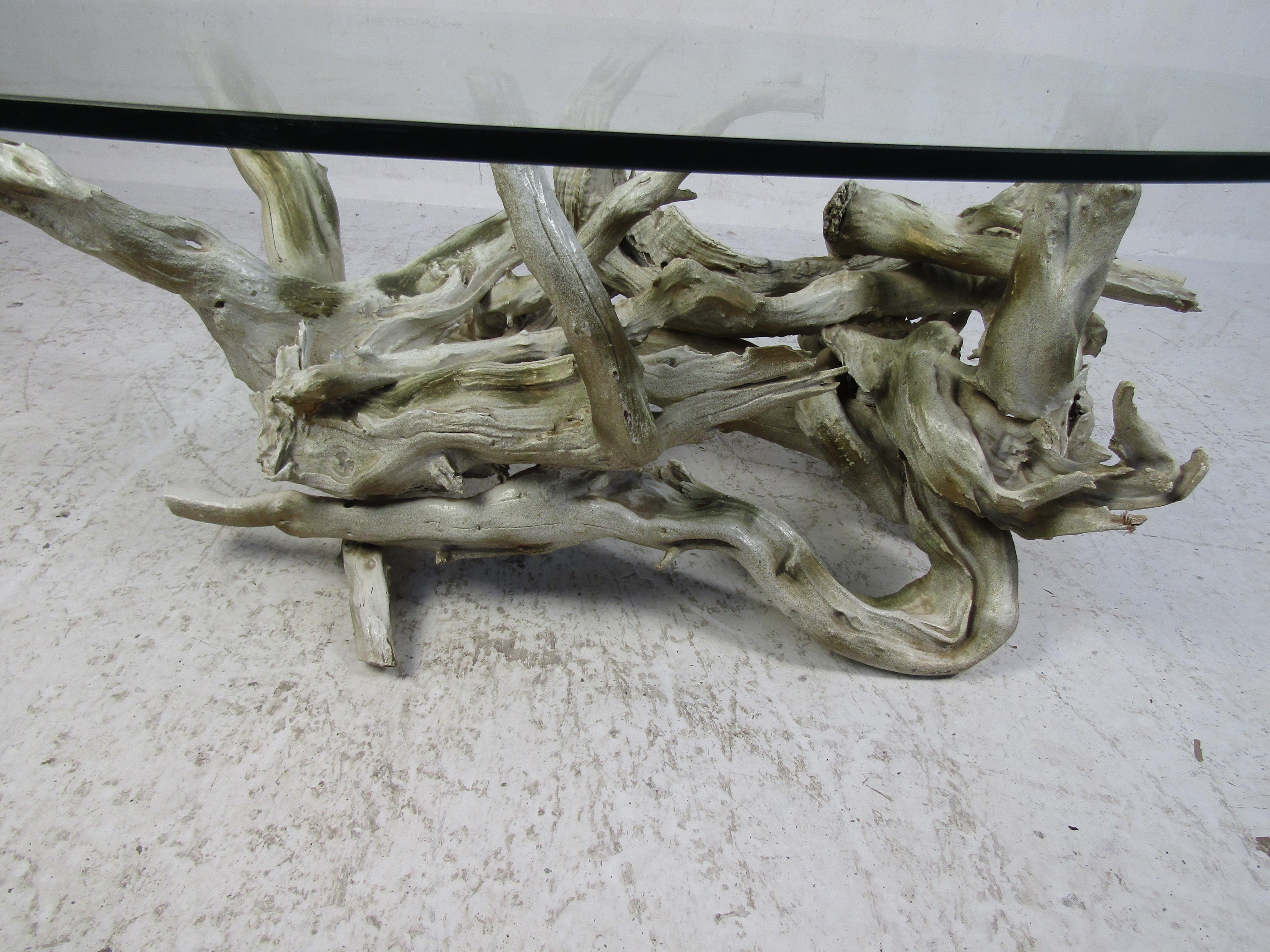 Mid-Century Modern Driftwood Coffee Table with Glass Top 5