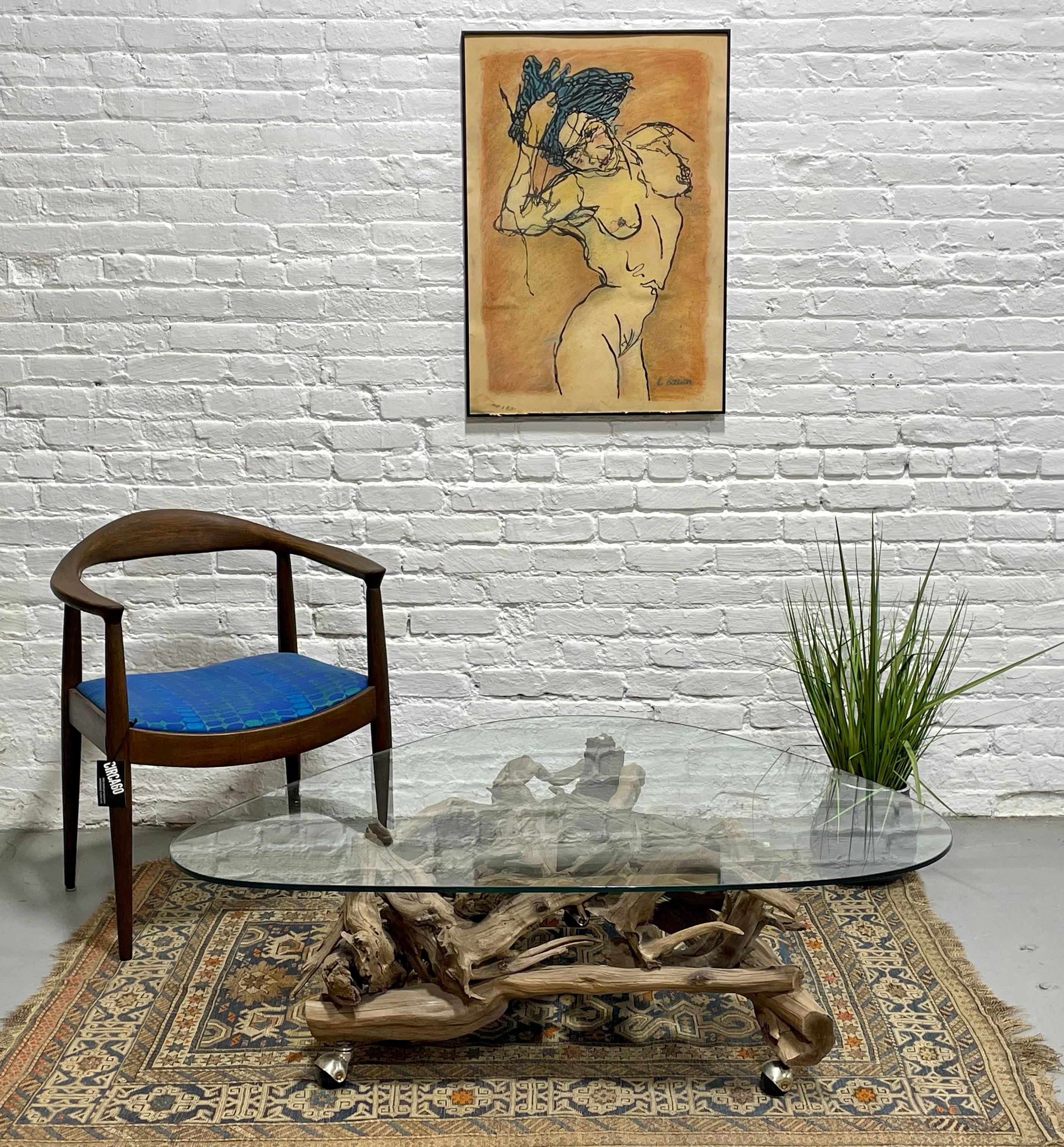 Tavolino da caffè in legno driftwood e vetro del Mid Century Modern, anni '70 circa. La base in legno di palude, squisitamente costruita, sostiene il piano del tavolo in vetro spesso e robusto. Le rotelle consentono di spostare il tavolo pesante, se