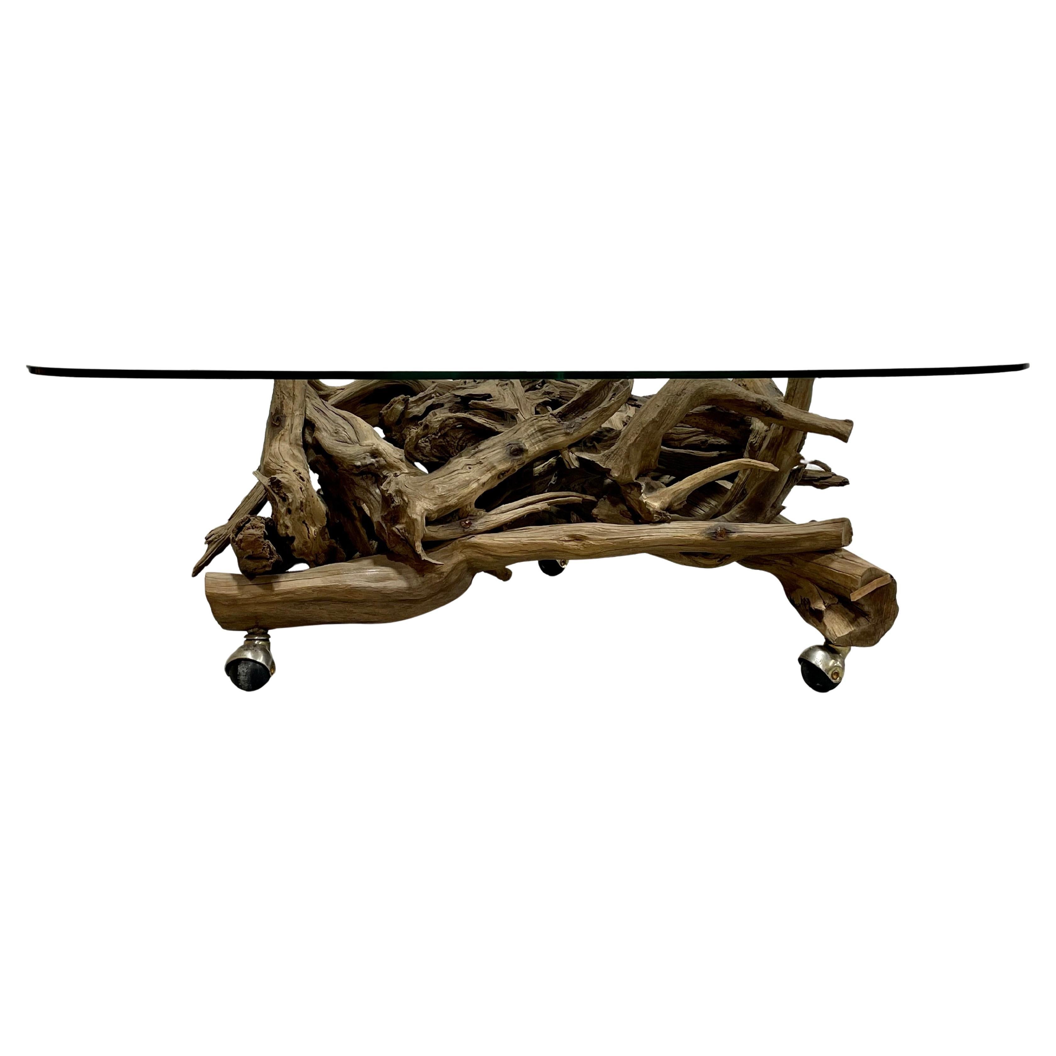 Moderner DRIFTWOOD + Glas-COFFEE-TABLE aus der Mitte des Jahrhunderts, ca. 1970er Jahre