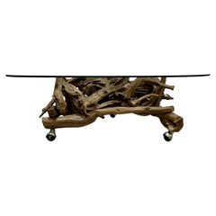 Moderner DRIFTWOOD + Glas-COFFEE-TABLE aus der Mitte des Jahrhunderts, ca. 1970er Jahre
