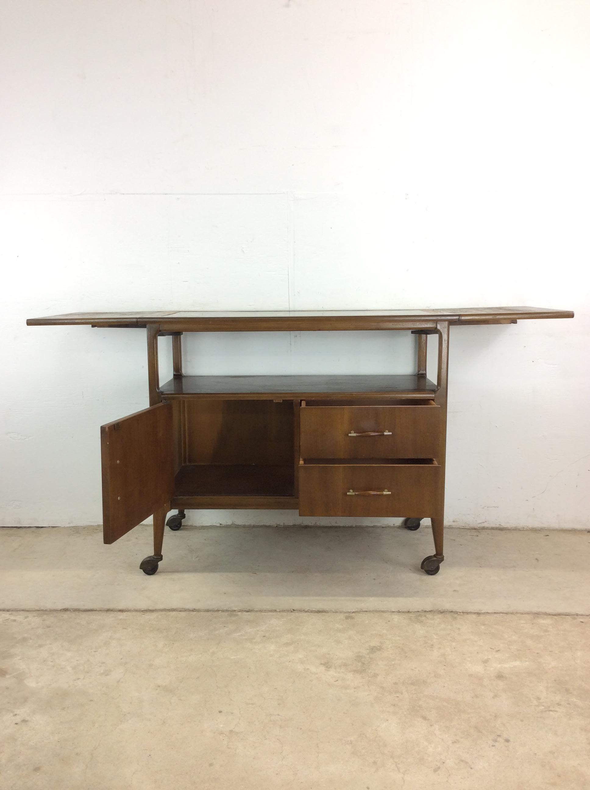 Mid Century Modern Drop Leaf Bar Cart with Cabinet & 2 Drawers For Sale 6