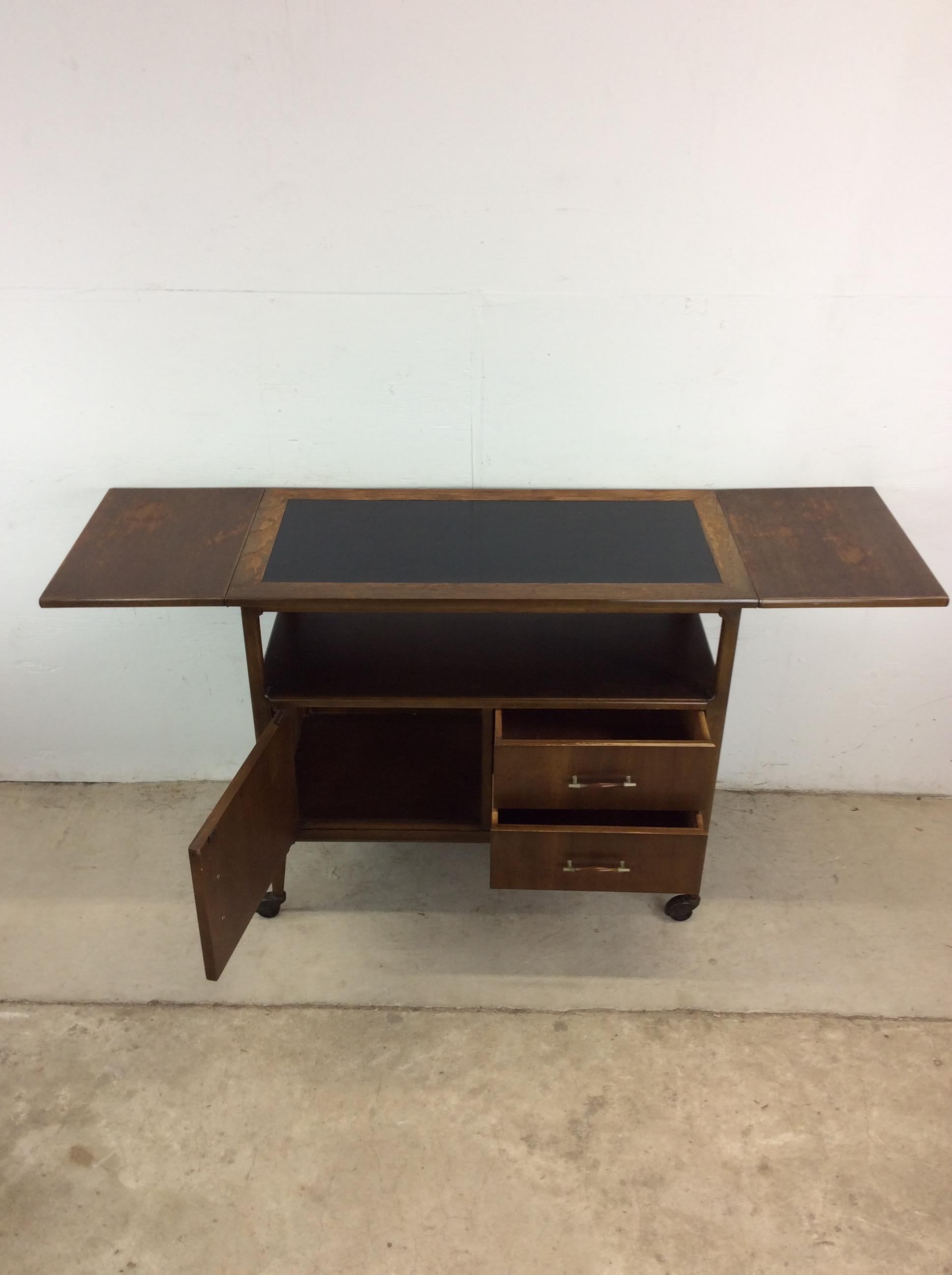 Mid Century Modern Drop Leaf Bar Cart with Cabinet & 2 Drawers For Sale 7