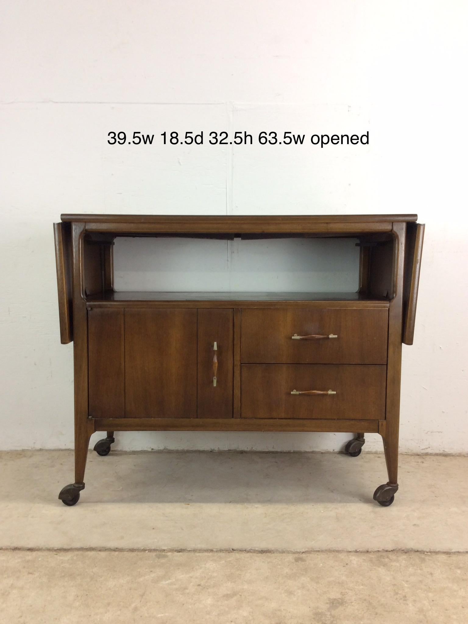 Mid Century Modern Drop Leaf Bar Cart with Cabinet & 2 Drawers For Sale 11
