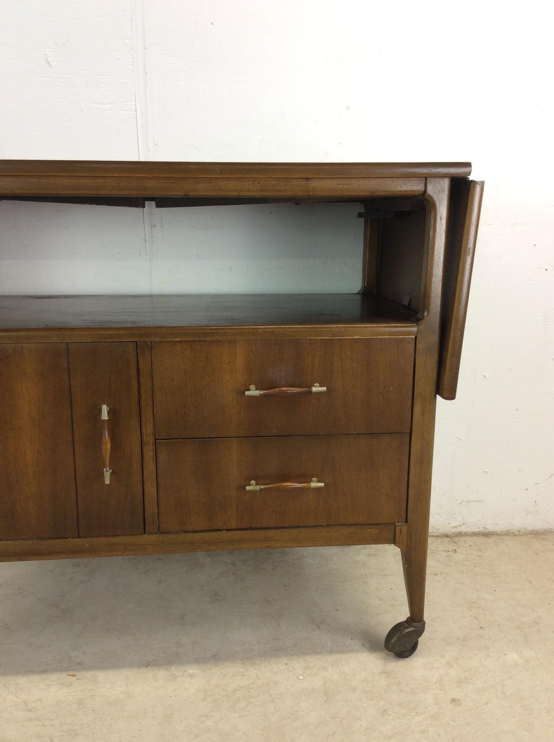 Mid-Century Modern Mid Century Modern Drop Leaf Bar Cart with Cabinet & 2 Drawers For Sale