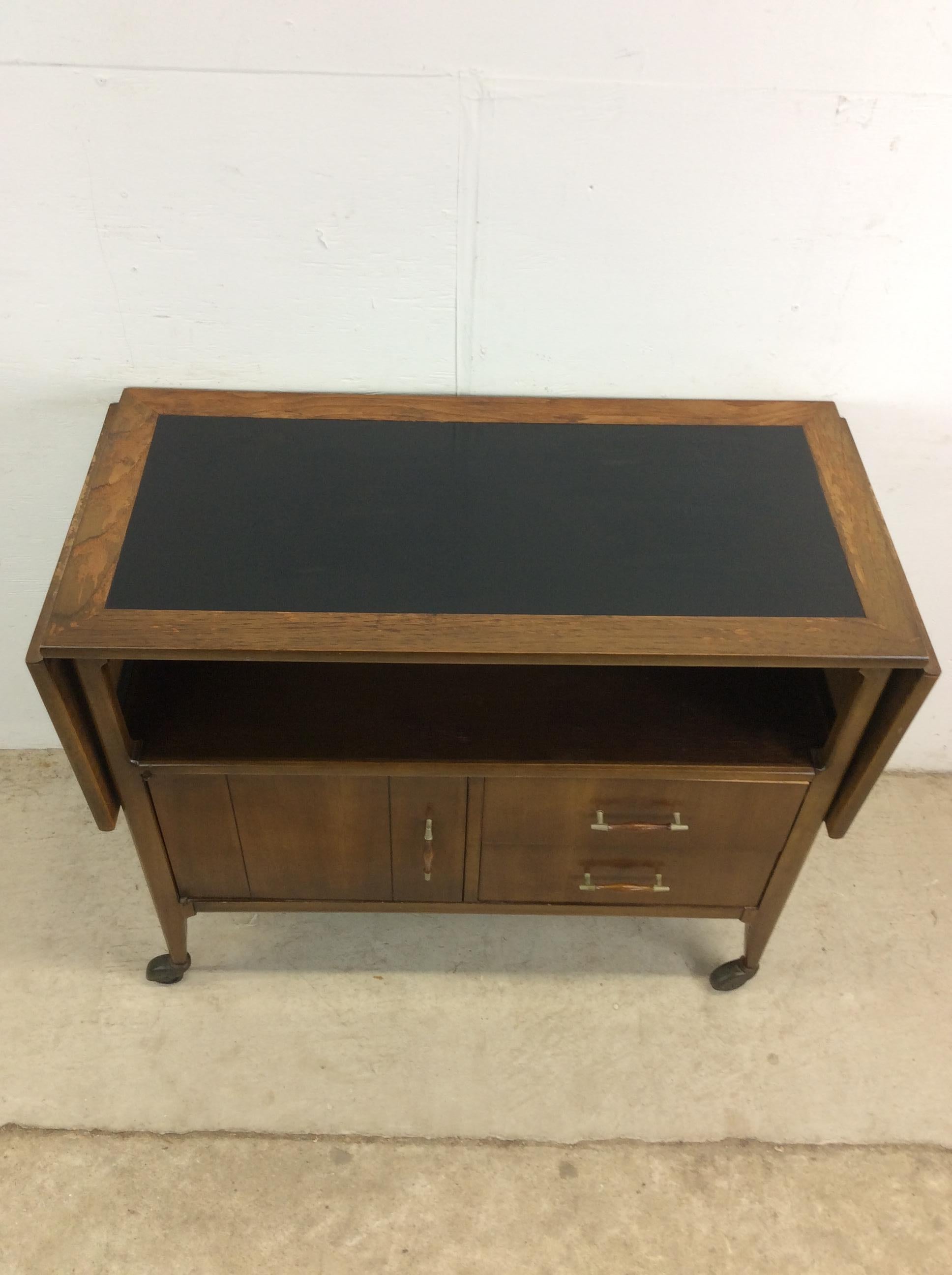 Veneer Mid Century Modern Drop Leaf Bar Cart with Cabinet & 2 Drawers For Sale