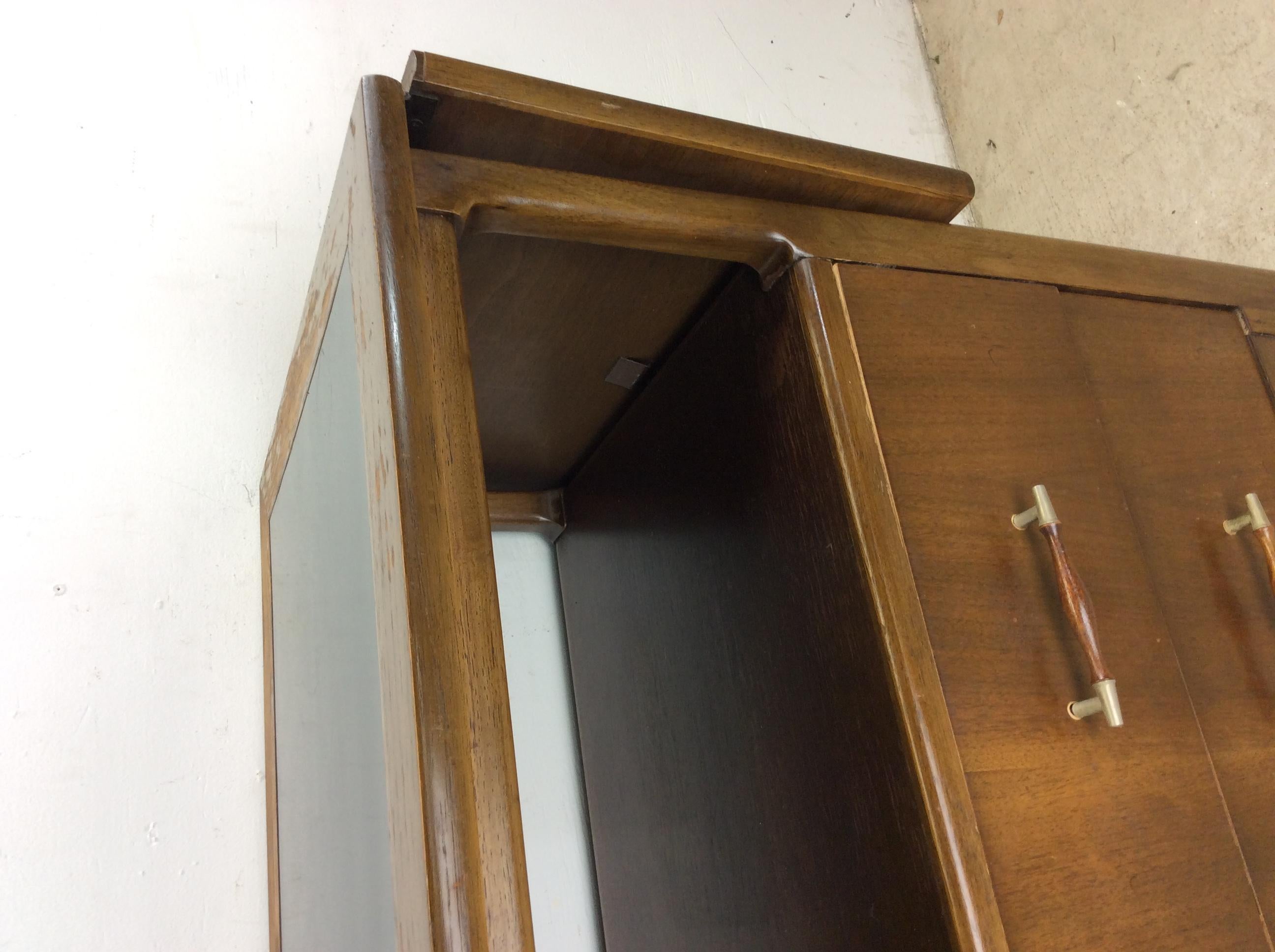 Walnut Mid Century Modern Drop Leaf Bar Cart with Cabinet & 2 Drawers For Sale