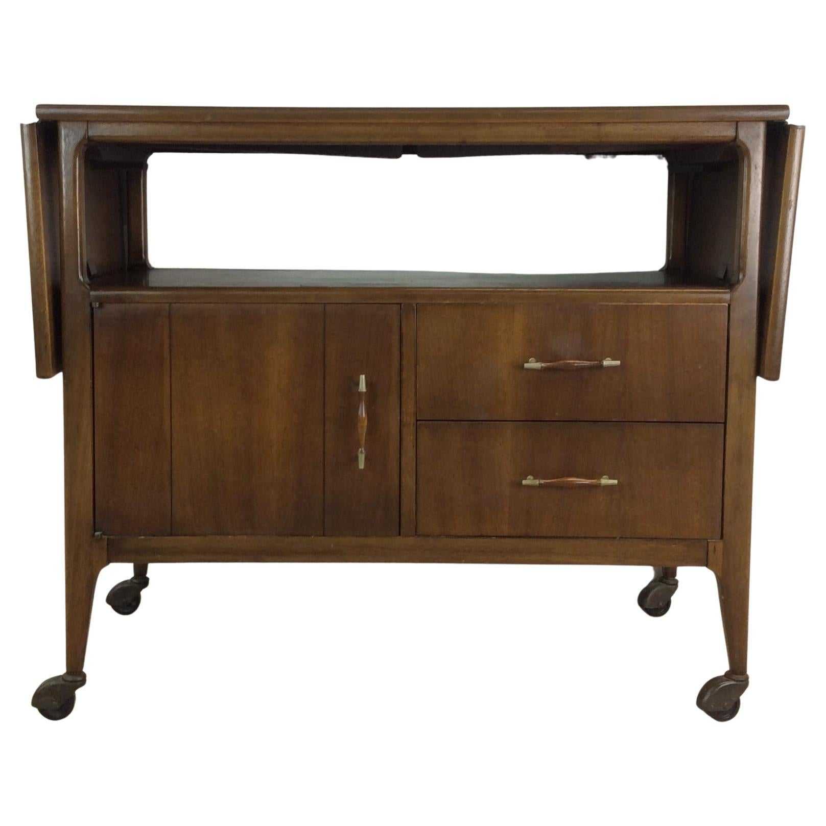 Mid Century Modern Drop Leaf Bar Cart with Cabinet & 2 Drawers For Sale