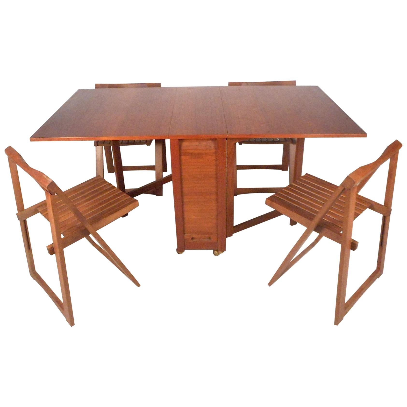 Mid-Century Modern Drop-Leaf Table and Slat Folding Chairs
