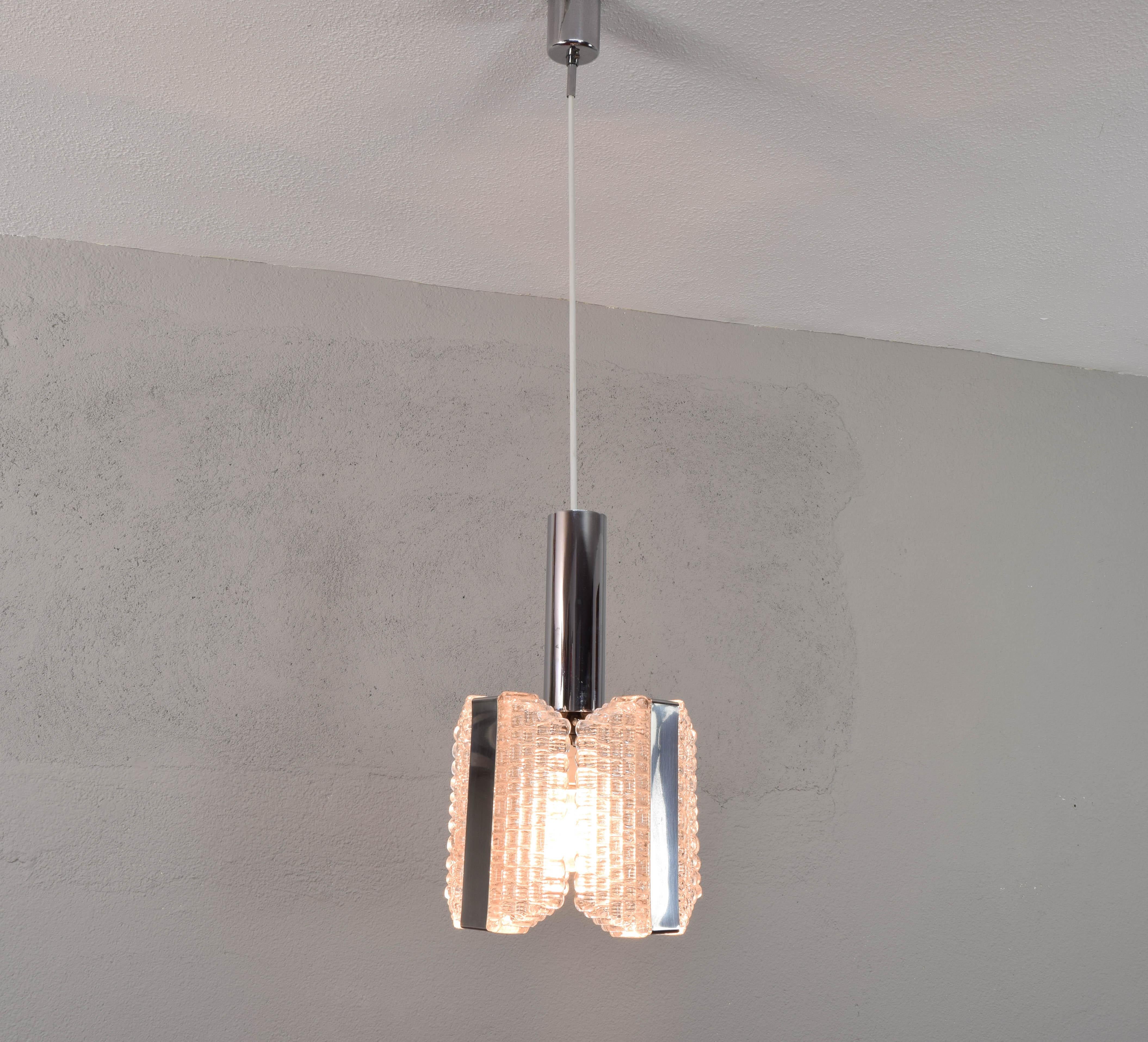 Mid-Century Modern Drum Textured Glass Chandelier from Kaiser Leuchen, Germany For Sale 3