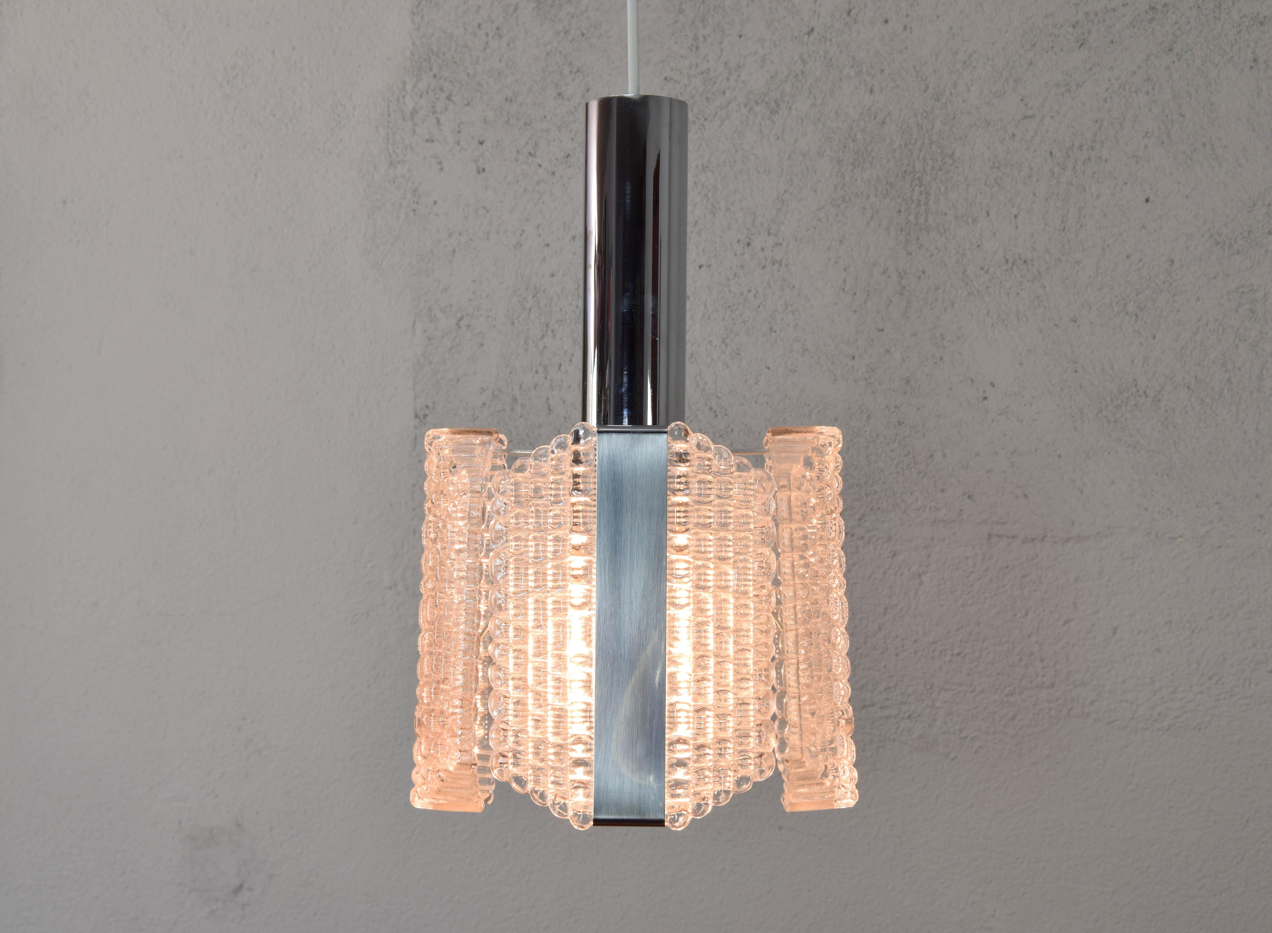 Mid-Century Modern Drum Textured Glass Chandelier from Kaiser Leuchen, Germany For Sale 4