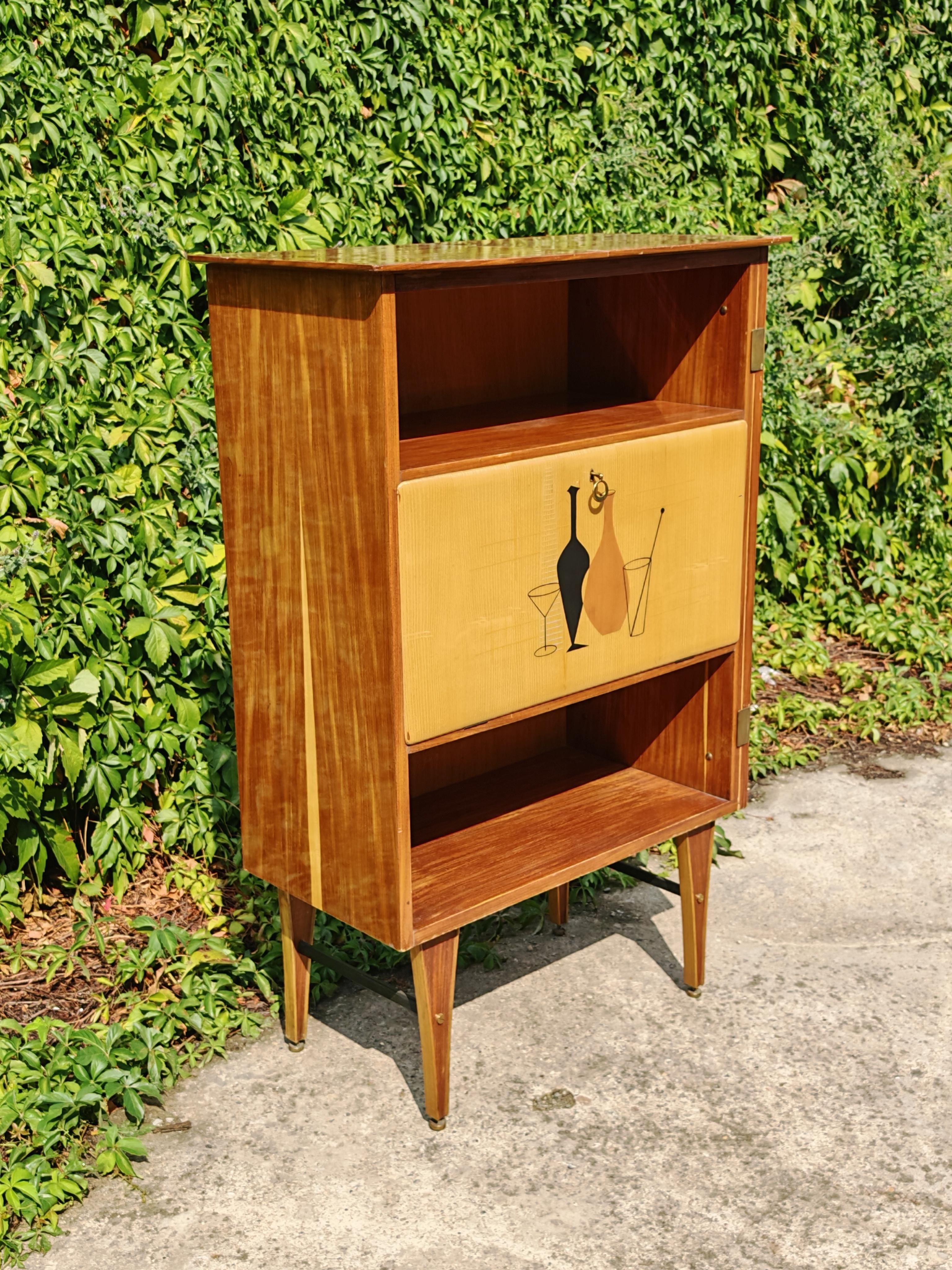 Italian Mid Century Modern Dry Bar Cabinet done in mahogany, Italy 1950s For Sale