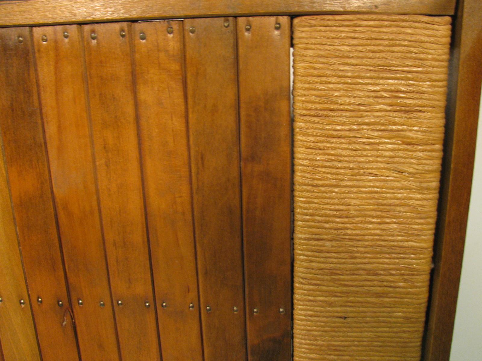 Mid-Century Modern Iron & Raffia with Slatted Wood Panels Dry Bar Arthur Umanoff For Sale 1