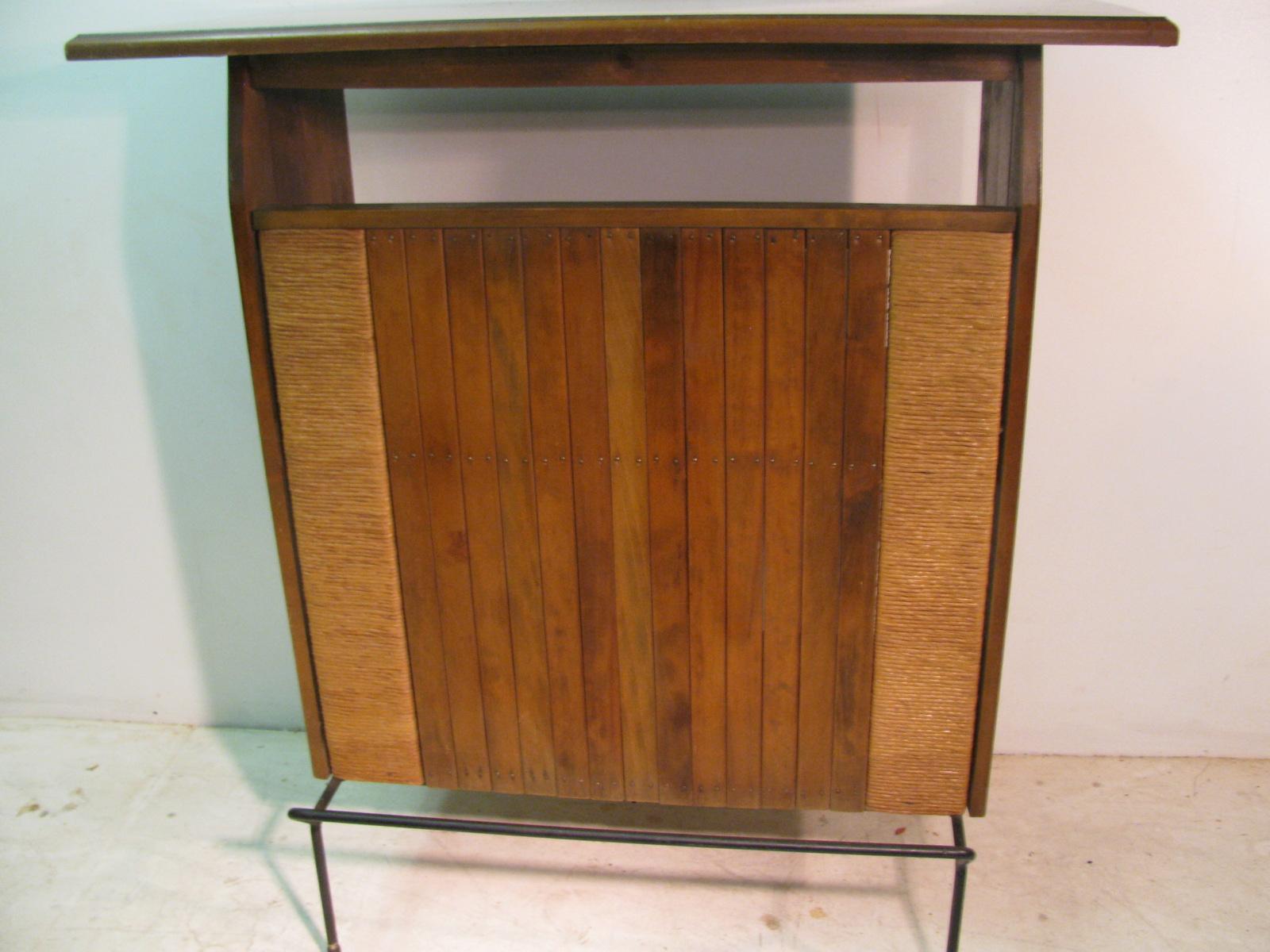 Hand-Crafted Mid-Century Modern Iron & Raffia with Slatted Wood Panels Dry Bar Arthur Umanoff For Sale