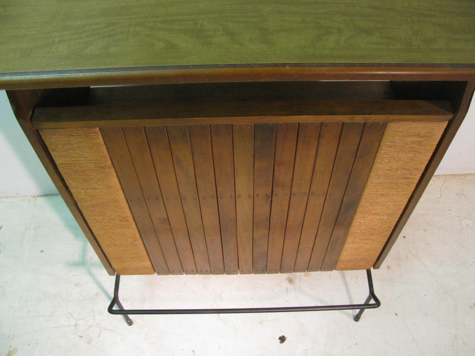 Mid-20th Century Mid-Century Modern Iron & Raffia with Slatted Wood Panels Dry Bar Arthur Umanoff For Sale