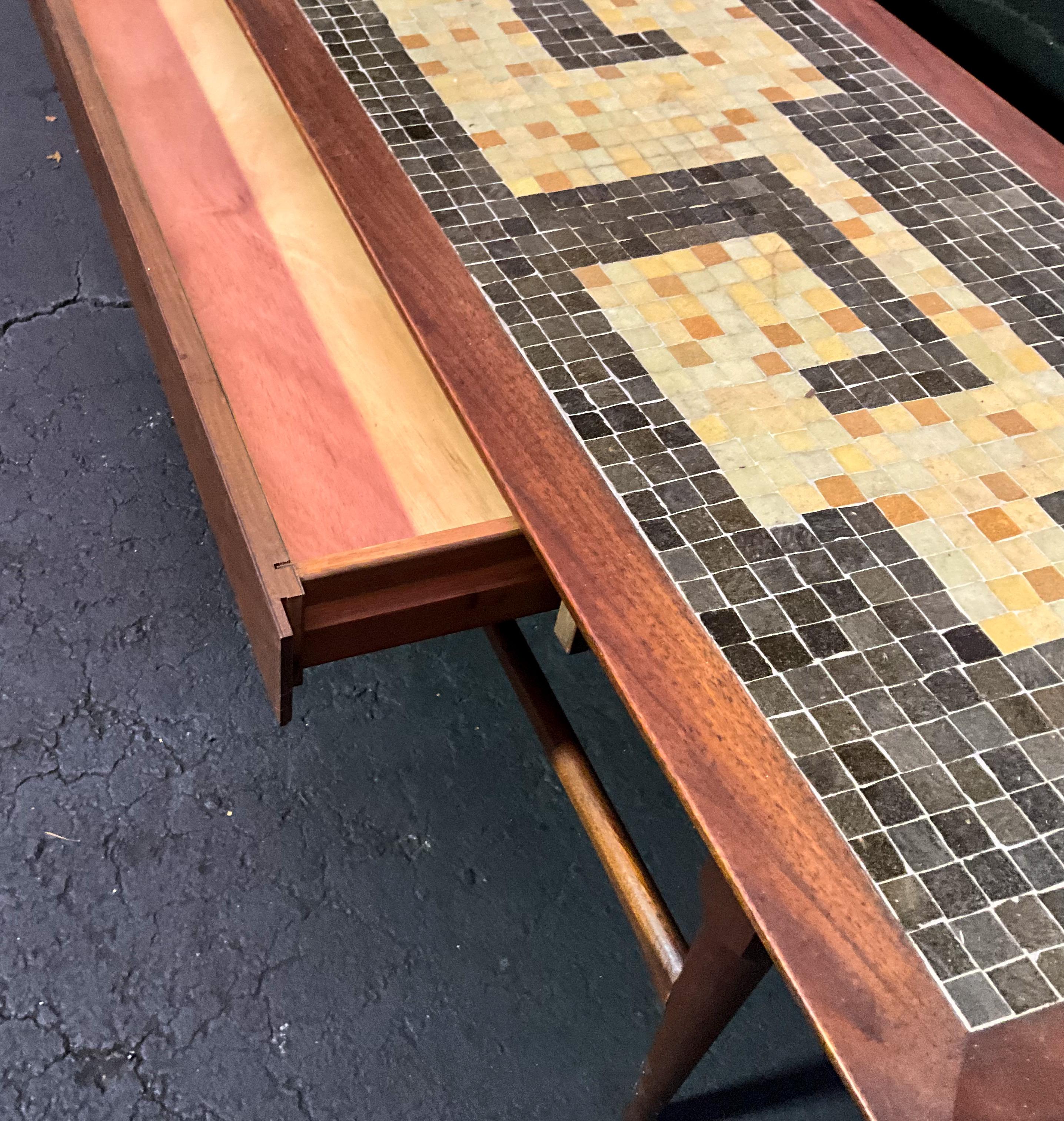 American Mid-Century Modern Dunbar Style Inlaid Mosaic Tile Top Walnut Coffee Table  For Sale
