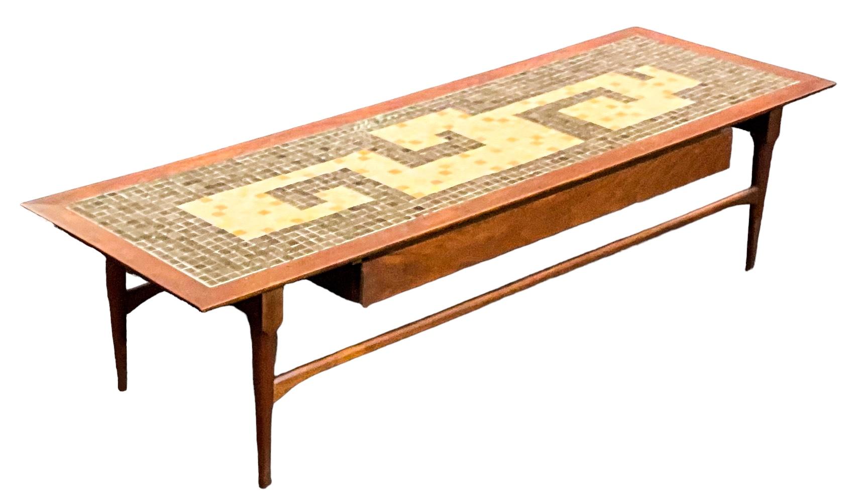 Mid-Century Modern Dunbar Style Inlaid Mosaic Tile Top Walnut Coffee Table  For Sale 1