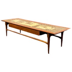 Mid-Century Modern Dunbar Style Inlaid Mosaic Tile Top Walnut Coffee Table