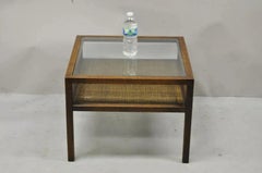 Mid Century Modern Dunbar Style Oak & Cane 2 Tier Glass Top Square Side Table