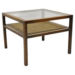 Tavolino quadrato a 2 livelli con piano in vetro in stile Mid Century Modern Dunbar, Oak e Cane