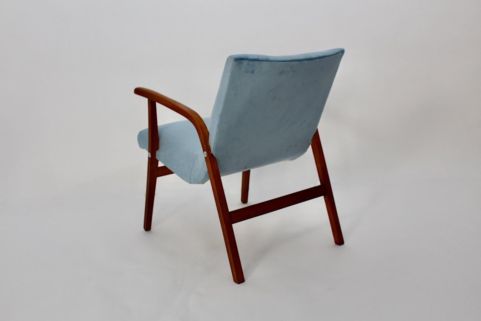 Mid Century Modern Duo Armchairs Beech Pastel Blue Velvet Roland Rainer 1950s For Sale 3