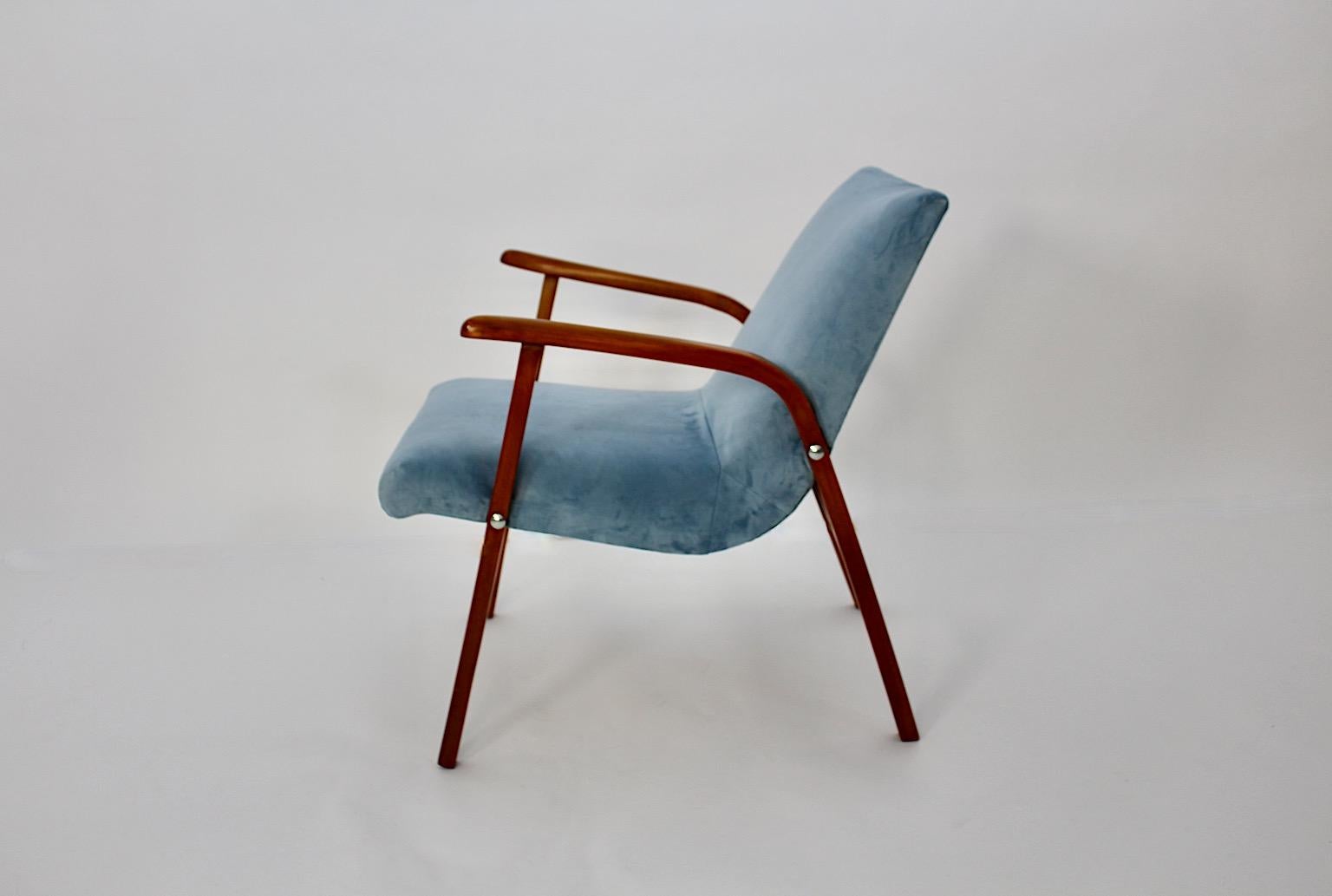 Mid Century Modern Duo Armchairs Beech Pastel Blue Velvet Roland Rainer 1950s For Sale 4
