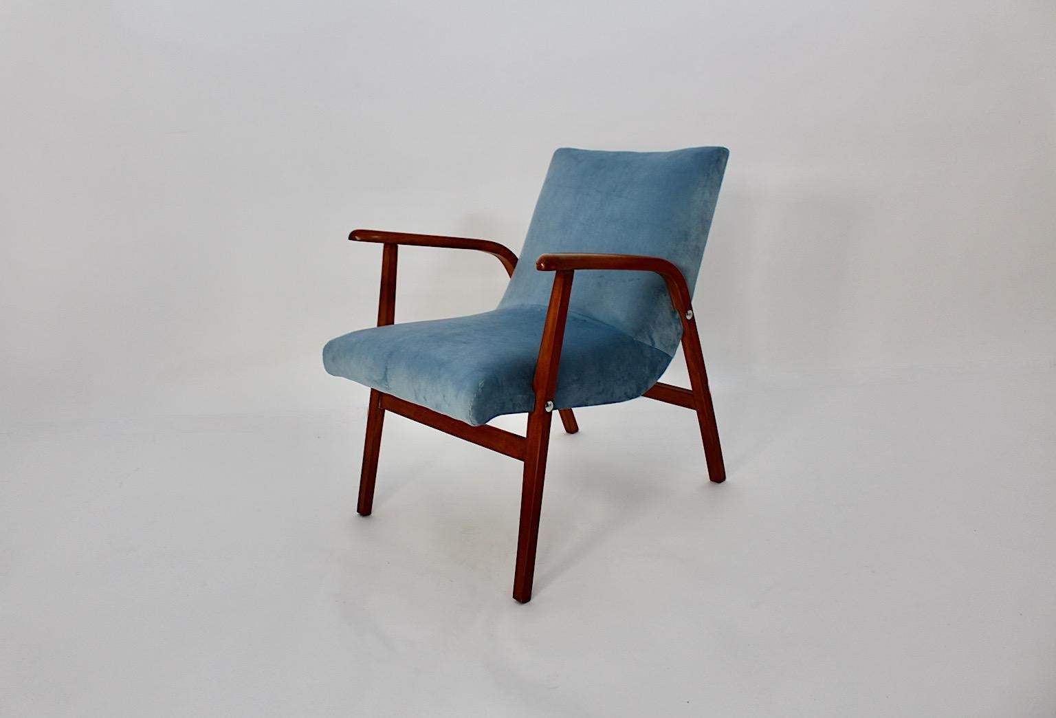 Mid Century Modern Duo Armchairs Beech Pastel Blue Velvet Roland Rainer 1950s For Sale 5