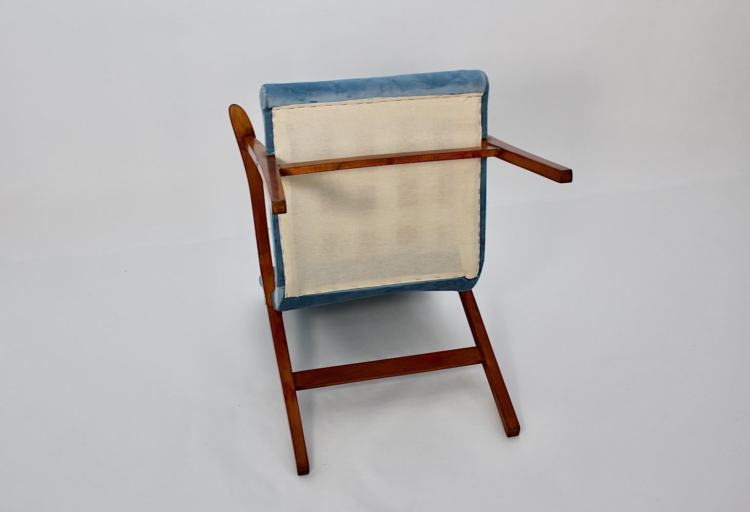 Mid Century Modern Duo Armchairs Beech Pastel Blue Velvet Roland Rainer 1950s For Sale 7