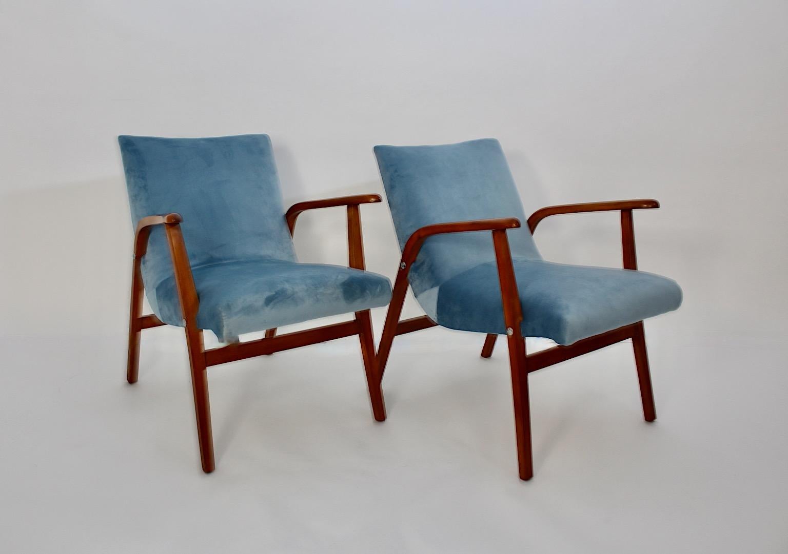 Mid-Century Modern Mid Century Modern Duo Armchairs Beech Pastel Blue Velvet Roland Rainer 1950s For Sale
