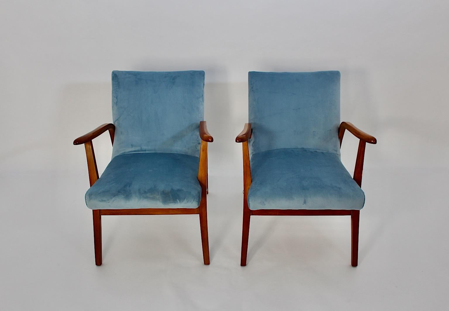 Austrian Mid Century Modern Duo Armchairs Beech Pastel Blue Velvet Roland Rainer 1950s For Sale