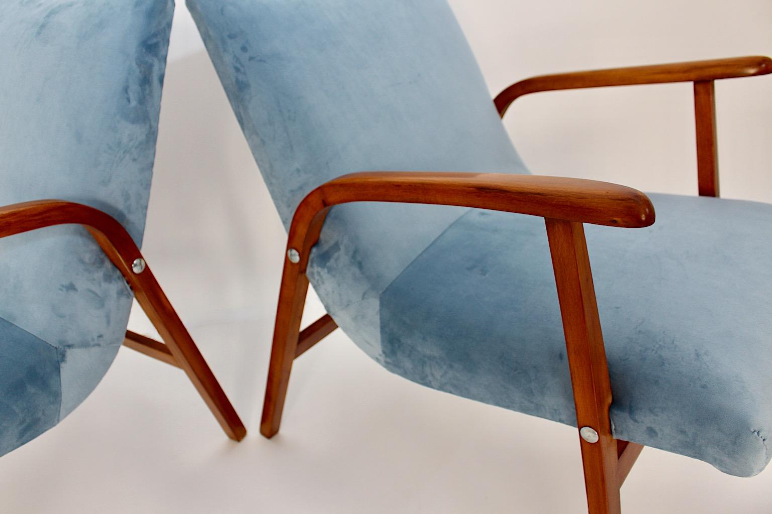 20th Century Mid Century Modern Duo Armchairs Beech Pastel Blue Velvet Roland Rainer 1950s For Sale