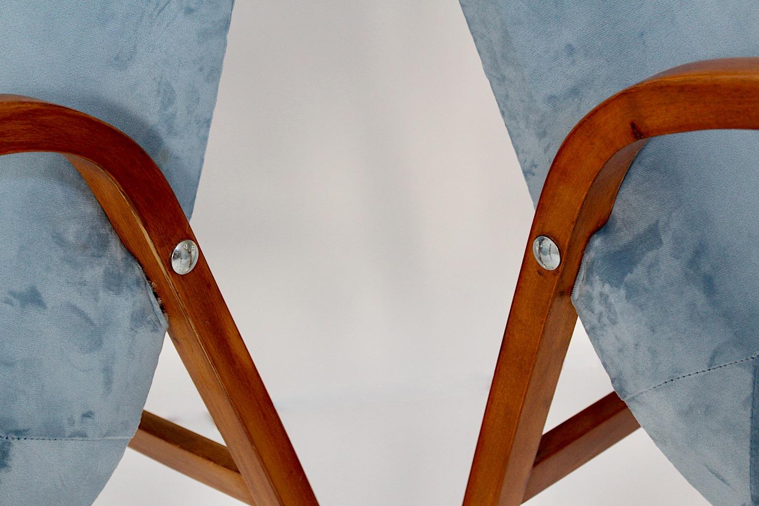 Metal Mid Century Modern Duo Armchairs Beech Pastel Blue Velvet Roland Rainer 1950s For Sale