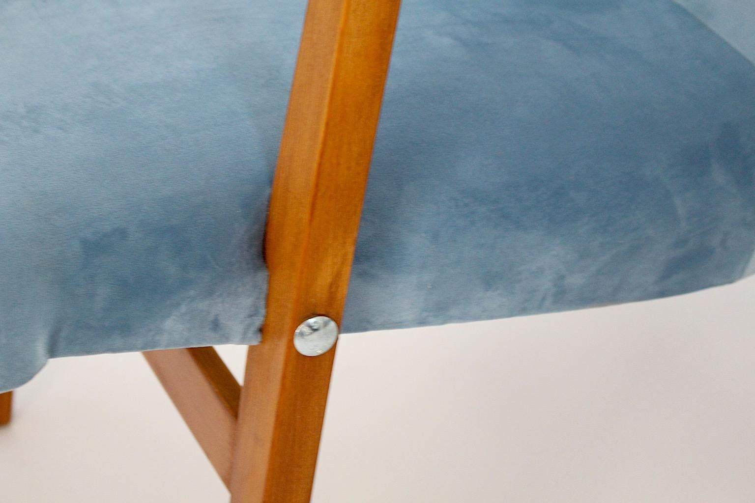 Mid Century Modern Duo Armchairs Beech Pastel Blue Velvet Roland Rainer 1950s For Sale 1