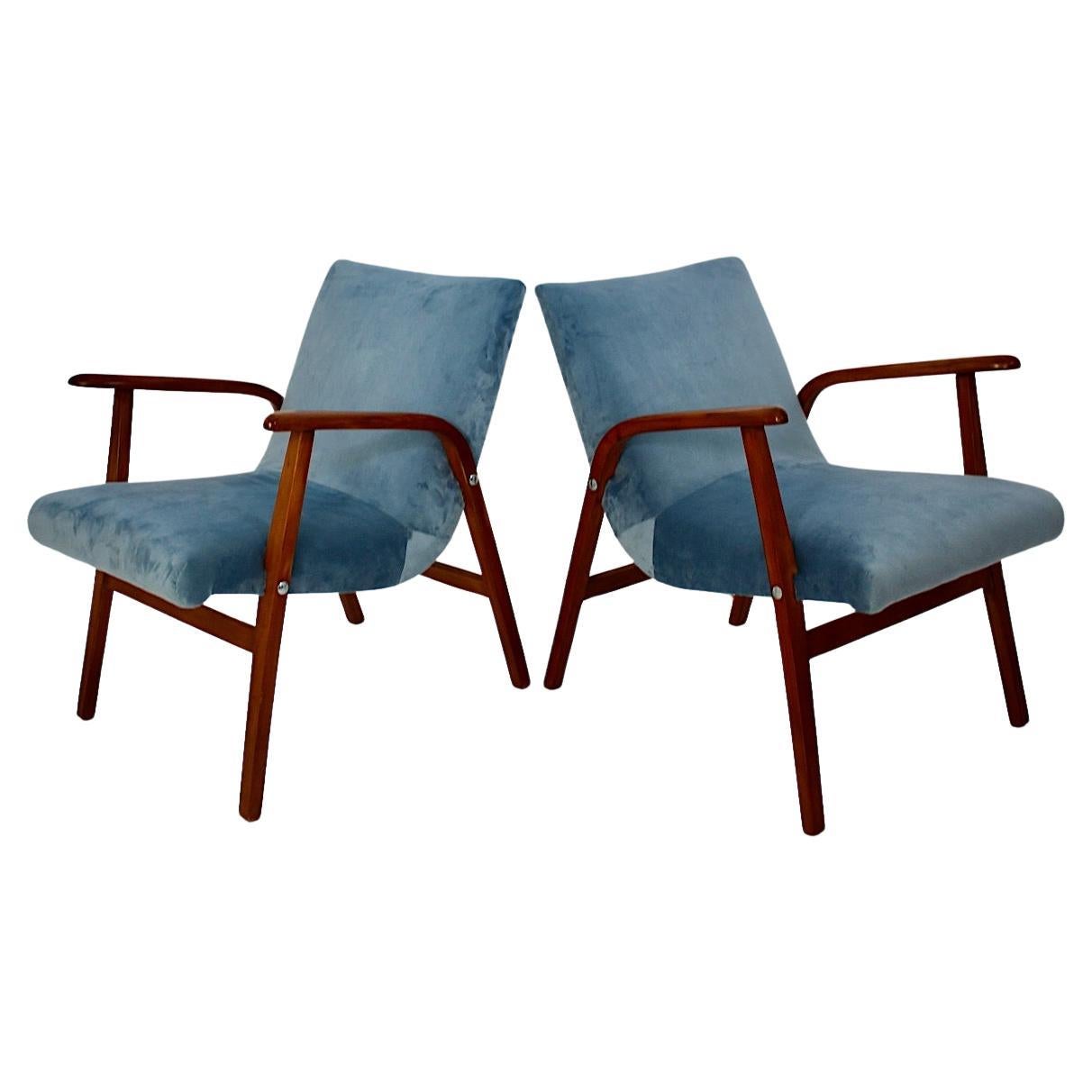 Mid Century Modern Duo Armchairs Beech Pastel Blue Velvet Roland Rainer 1950s