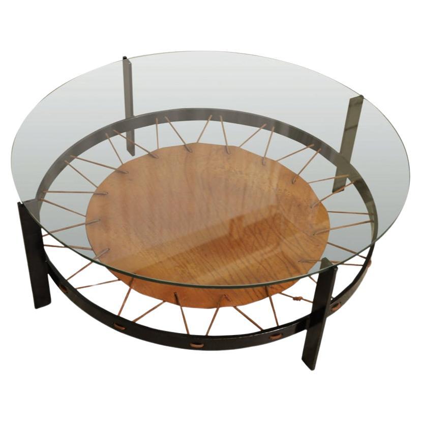 Mid century Modern Dutch Round glass steel and leather Safari coffee table  In Good Condition For Sale In BROOKLYN, NY