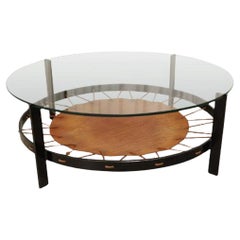 Table basse safari hollandaise ronde en verre, acier et cuir, mi-siècle moderne 