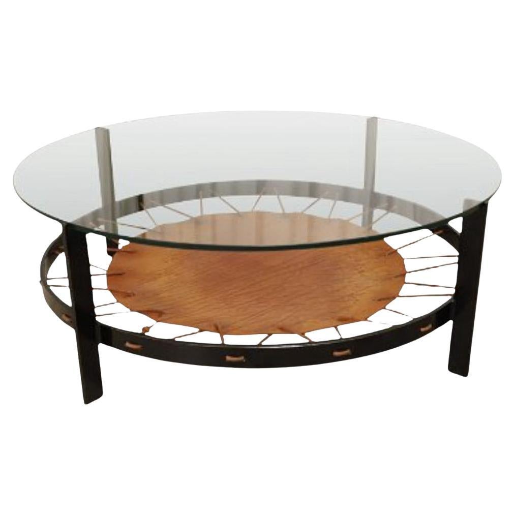 Table basse safari hollandaise ronde en verre, acier et cuir, mi-siècle moderne en vente