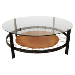 Mid century Modern Dutch Round glass steel and leather Safari coffee table