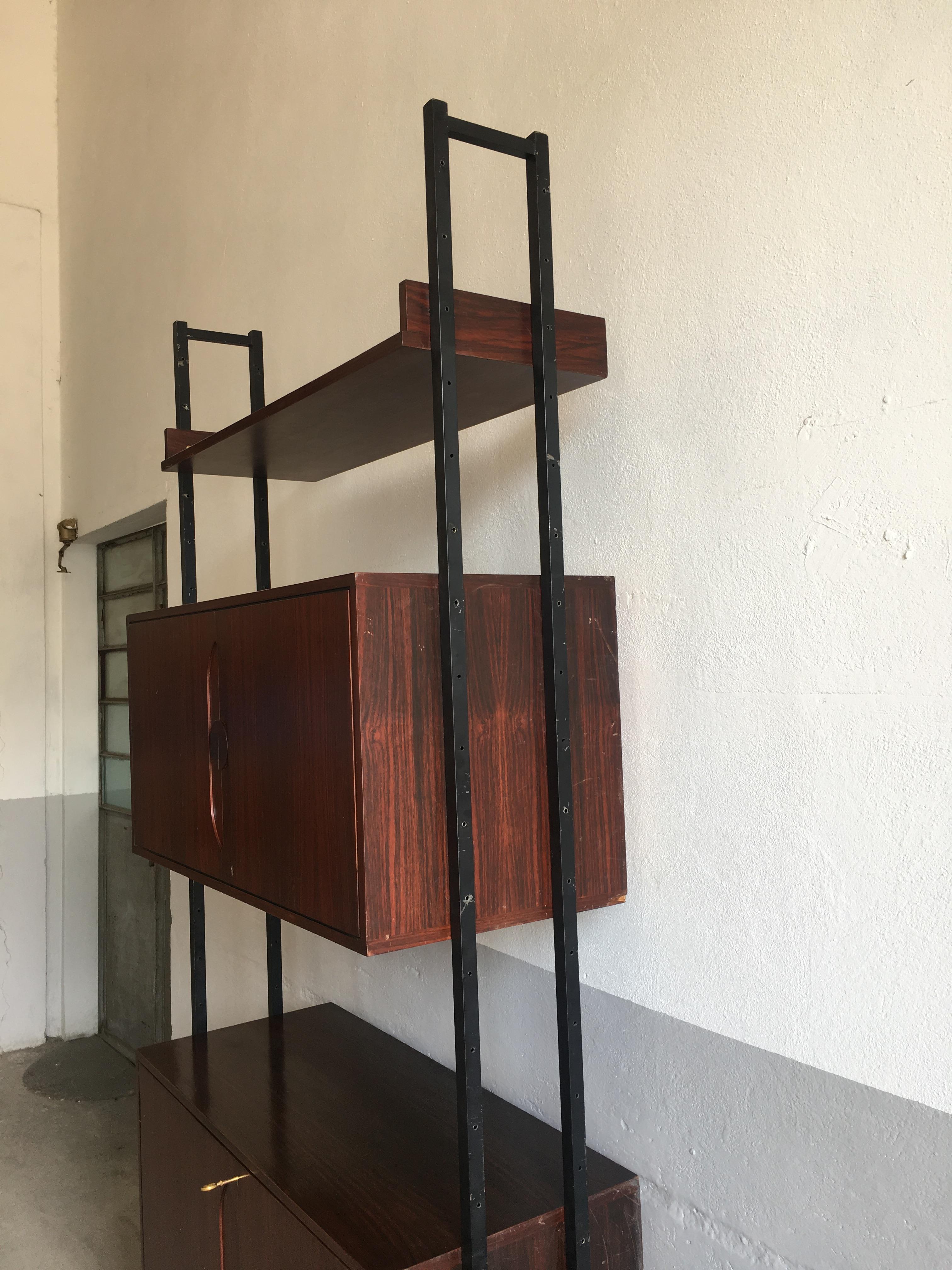 Iron Mid-Century Modern Dutch Wooden Bookcase with Shelf and Cabinets, 1970s For Sale