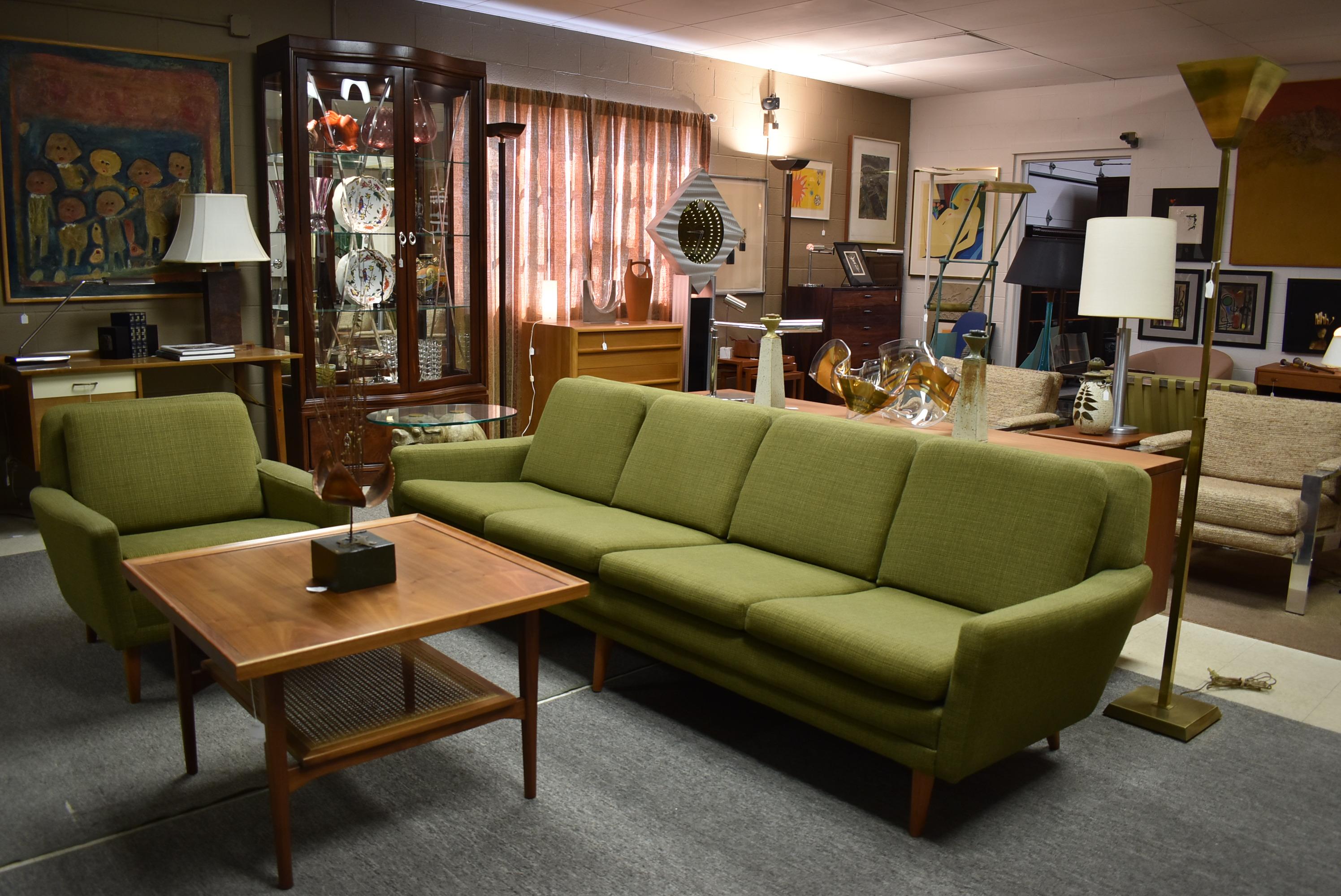 European Mid-Century Modern Dux Green Tweed Four Cushion Sofa
